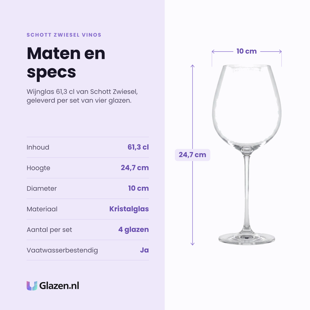 Schott Zwiesel Vinos wijnglas 61,3 cl specificaties: inhoud 61,3 cl, hoogte 24,7 cm, diameter 10 cm, kristalglas, set van 4