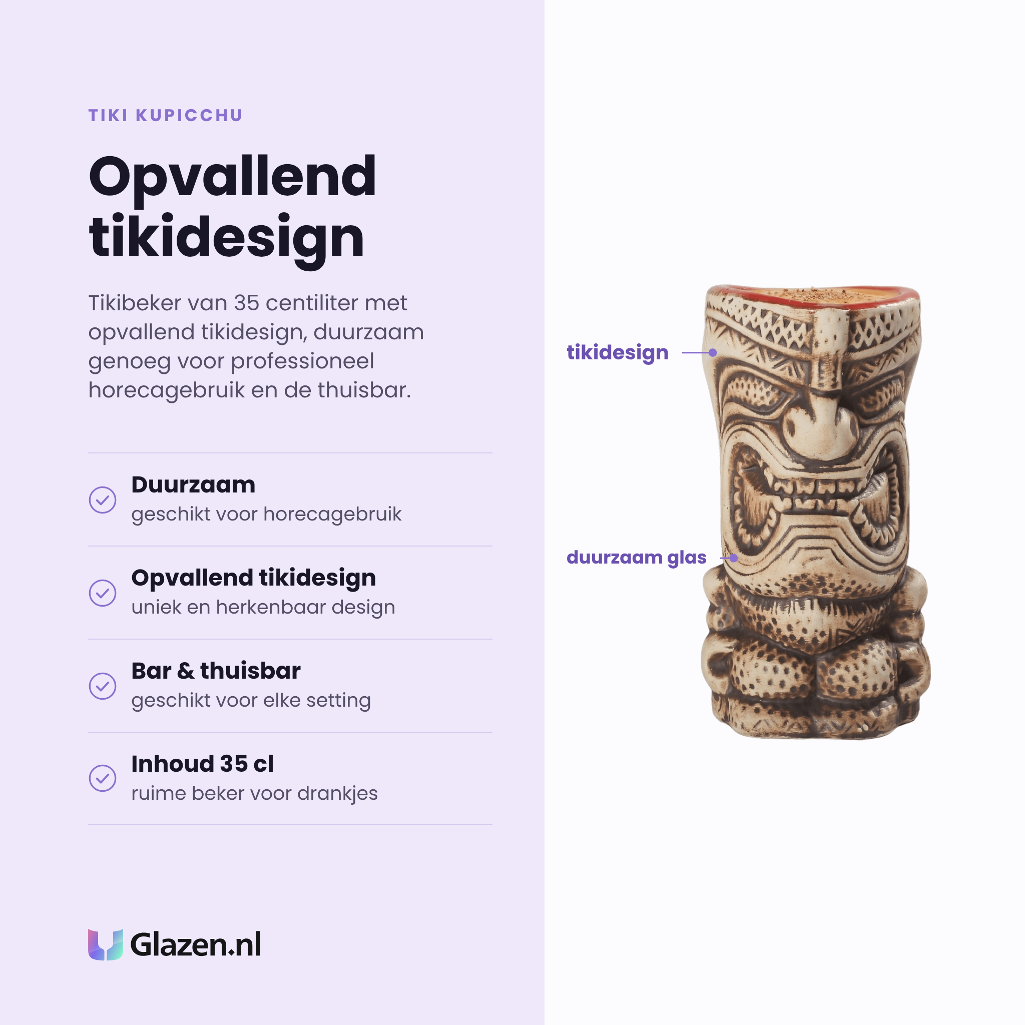 Tiki Kupicchu tikibeker 35 cl eigenschappen: duurzaam en geschikt voor horeca, opvallend tikidesign, voor bar en thuisbar, inhoud 35 cl