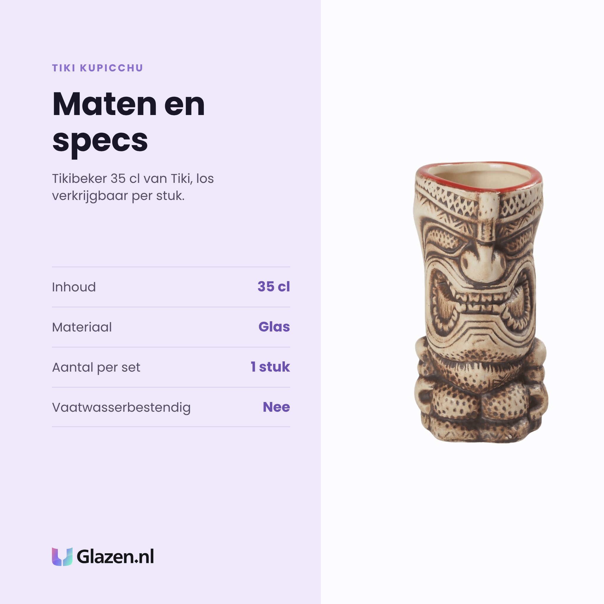 Tiki Kupicchu tikibeker 35 cl specificaties: inhoud 35 cl, glas, los per stuk, niet vaatwasserbestendig