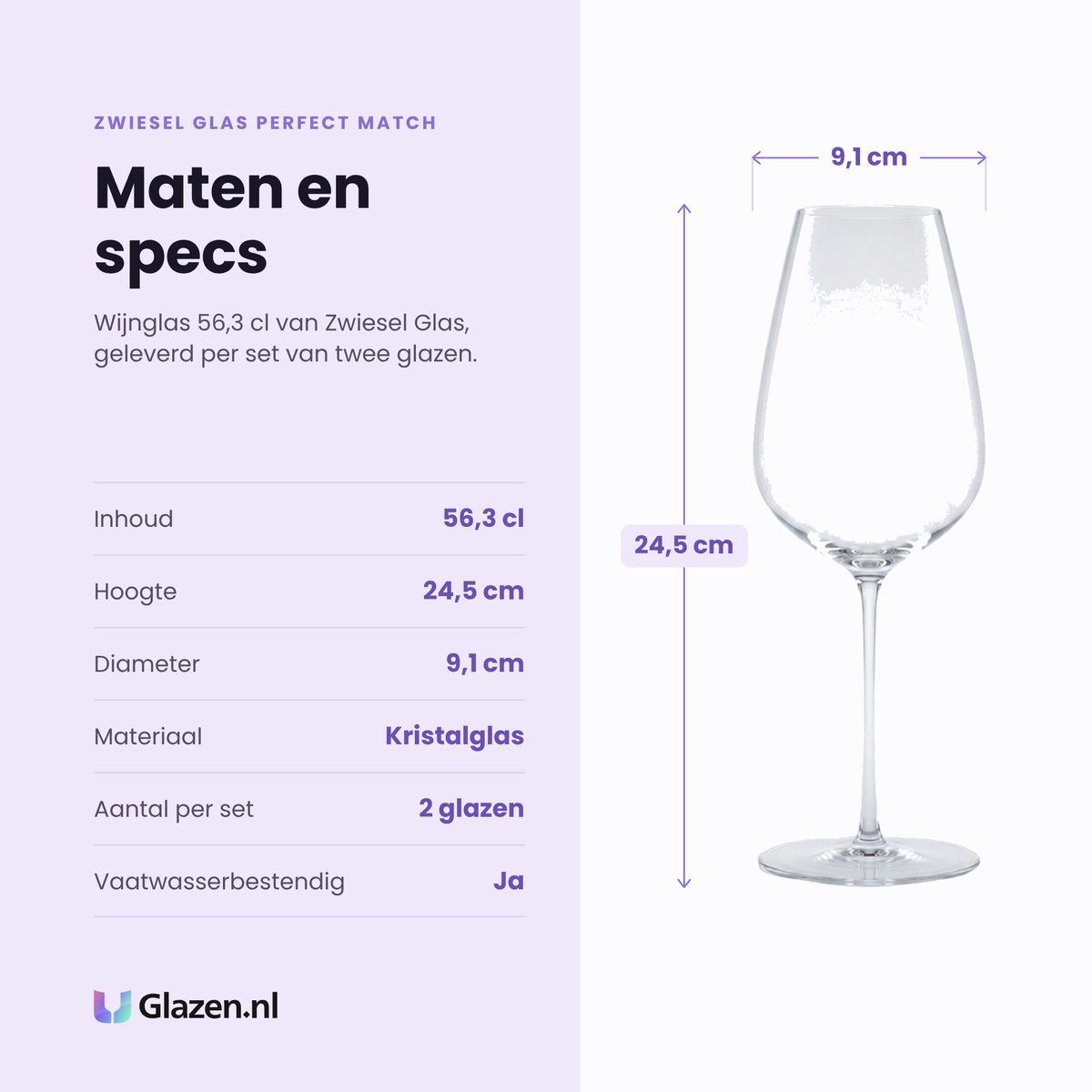 Zwiesel Glas Perfect Match wijnglas 56,3 cl specificaties: inhoud 56,3 cl, hoogte 24,5 cm, diameter 9,1 cm, kristalglas, set van 2