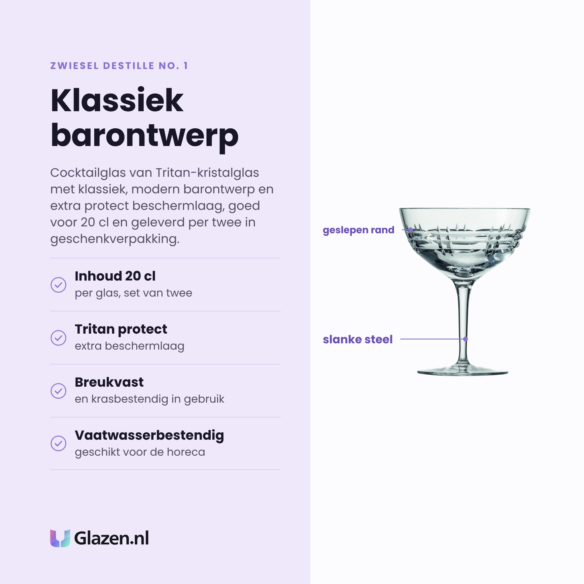 Zwiesel Glas Destille No. 1 cocktailglas 20 cl eigenschappen: inhoud 20 cl, extra tritan protect beschermlaag, breukvast en krasbestendig, vaatwasserbestendig