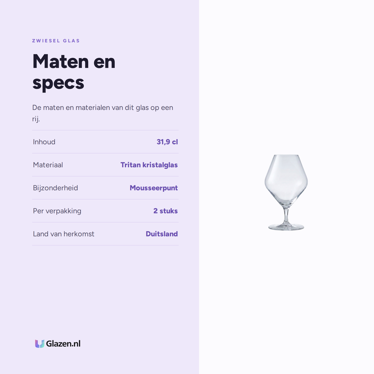 Maten en specificaties van de Zwiesel Glas Début Savoury Umami Glas 31,9 Cl met Mousseerpunt - 2 Stuks