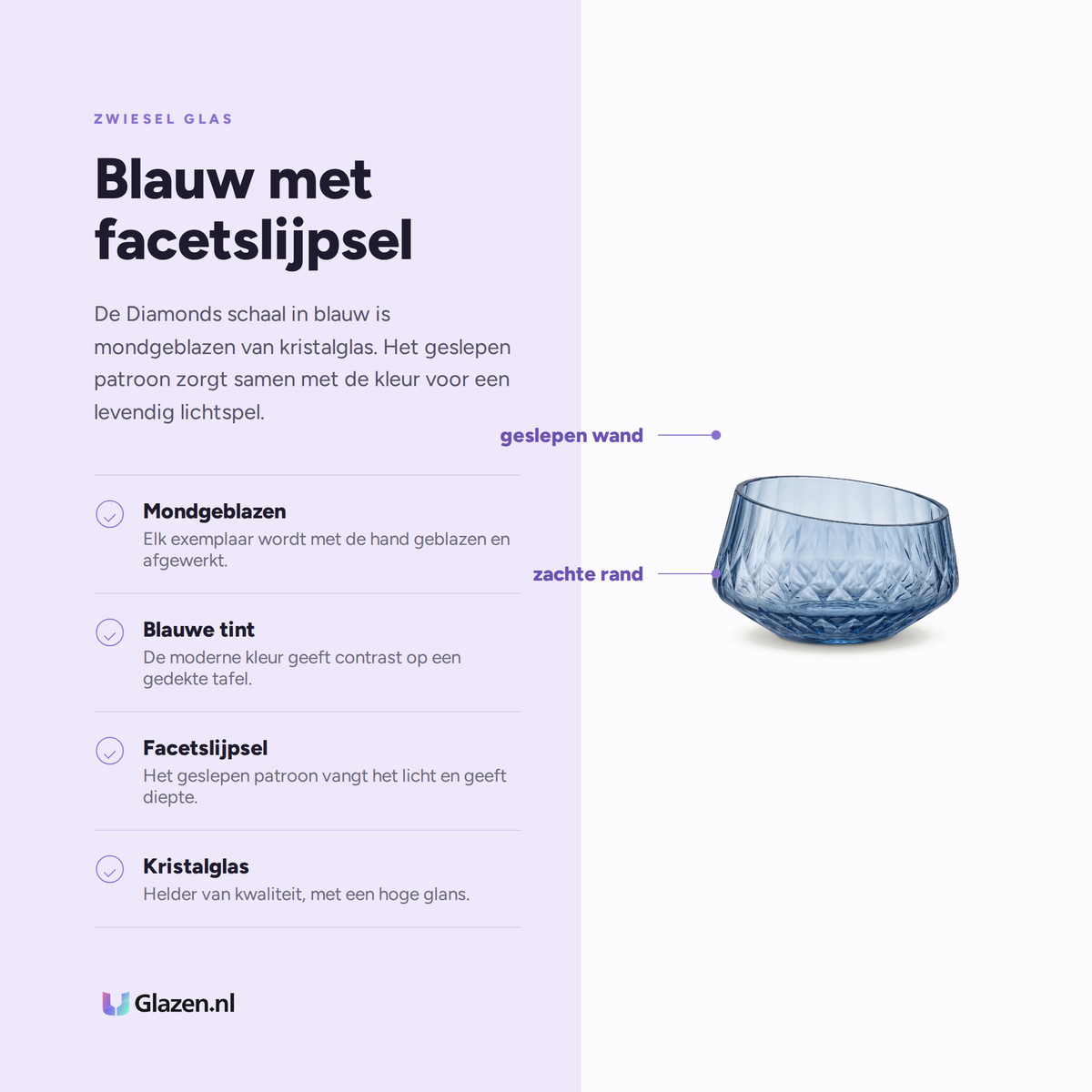 Infographic met de eigenschappen van Zwiesel Glas Diamonds Schaal 101 mm Blauw