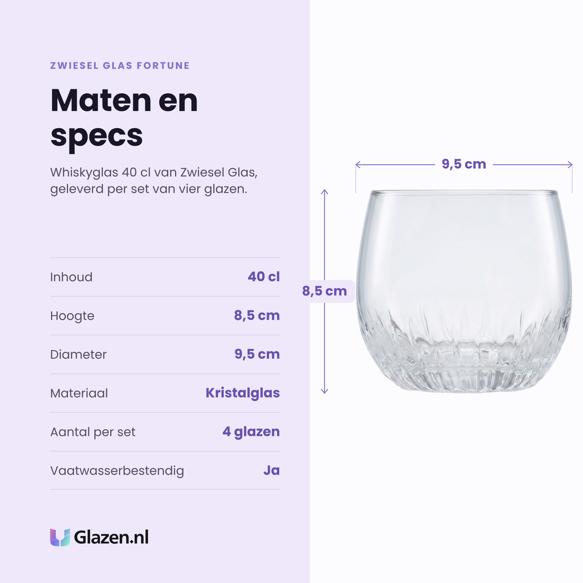Zwiesel Glas Fortune whiskyglas 40 cl specificaties: inhoud 40 cl, hoogte 8,5 cm, diameter 9,5 cm, kristalglas, set van 4