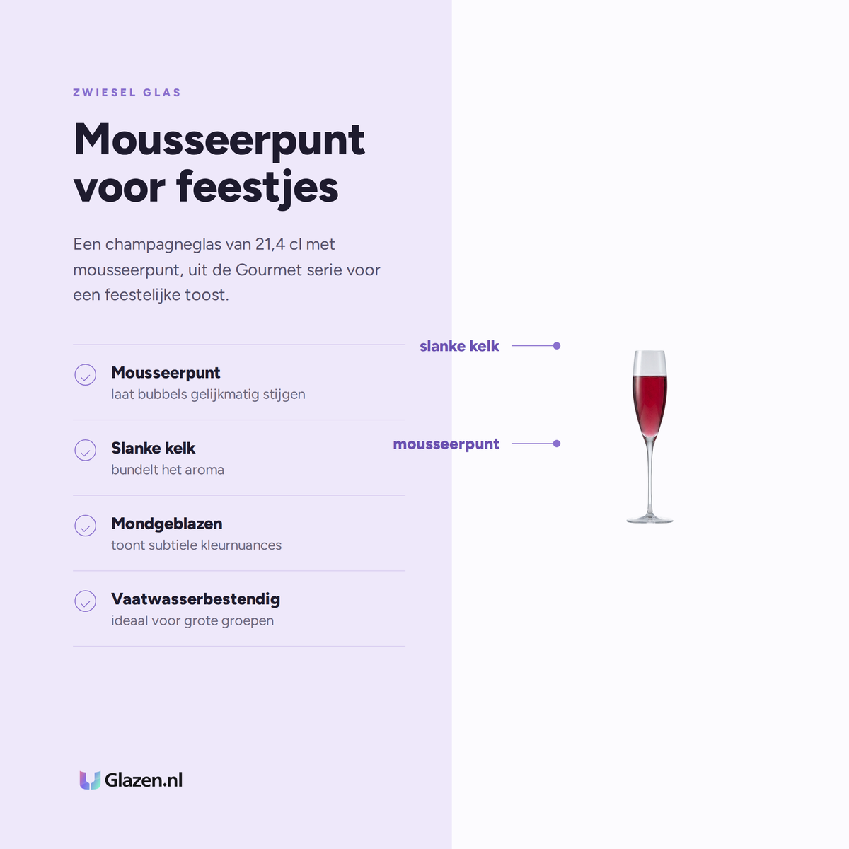 Eigenschappen van Zwiesel Glas Vinody Champagneglas 21,4 Cl met Mousseerpunt