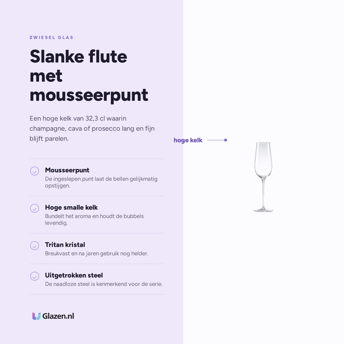Eigenschappen van de Zwiesel Glas Vuelo Champagneglas 32,3 Cl met Mousseerpunt - 2 Stuks