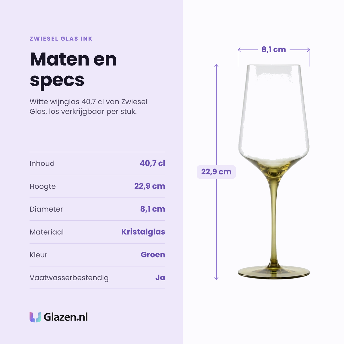 Zwiesel Glas Ink witte wijnglas 40,7 cl specificaties: inhoud 40,7 cl, hoogte 22,9 cm, diameter 8,1 cm, kristalglas, kleur groen