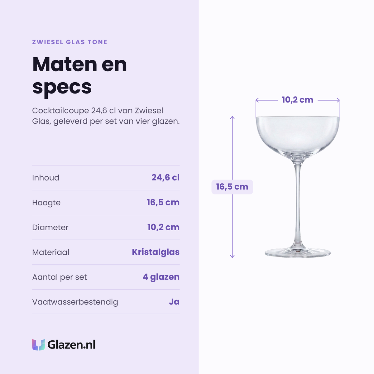 Zwiesel Glas Tone cocktailcoupe 24,6 cl specificaties: inhoud 24,6 cl, hoogte 16,5 cm, diameter 10,2 cm, kristalglas, set van 4