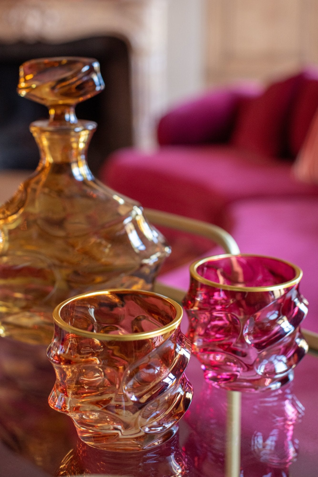 J-Line Verres à eau en relief, bord doré, bordeaux/rose clair assortis - 2 pièces