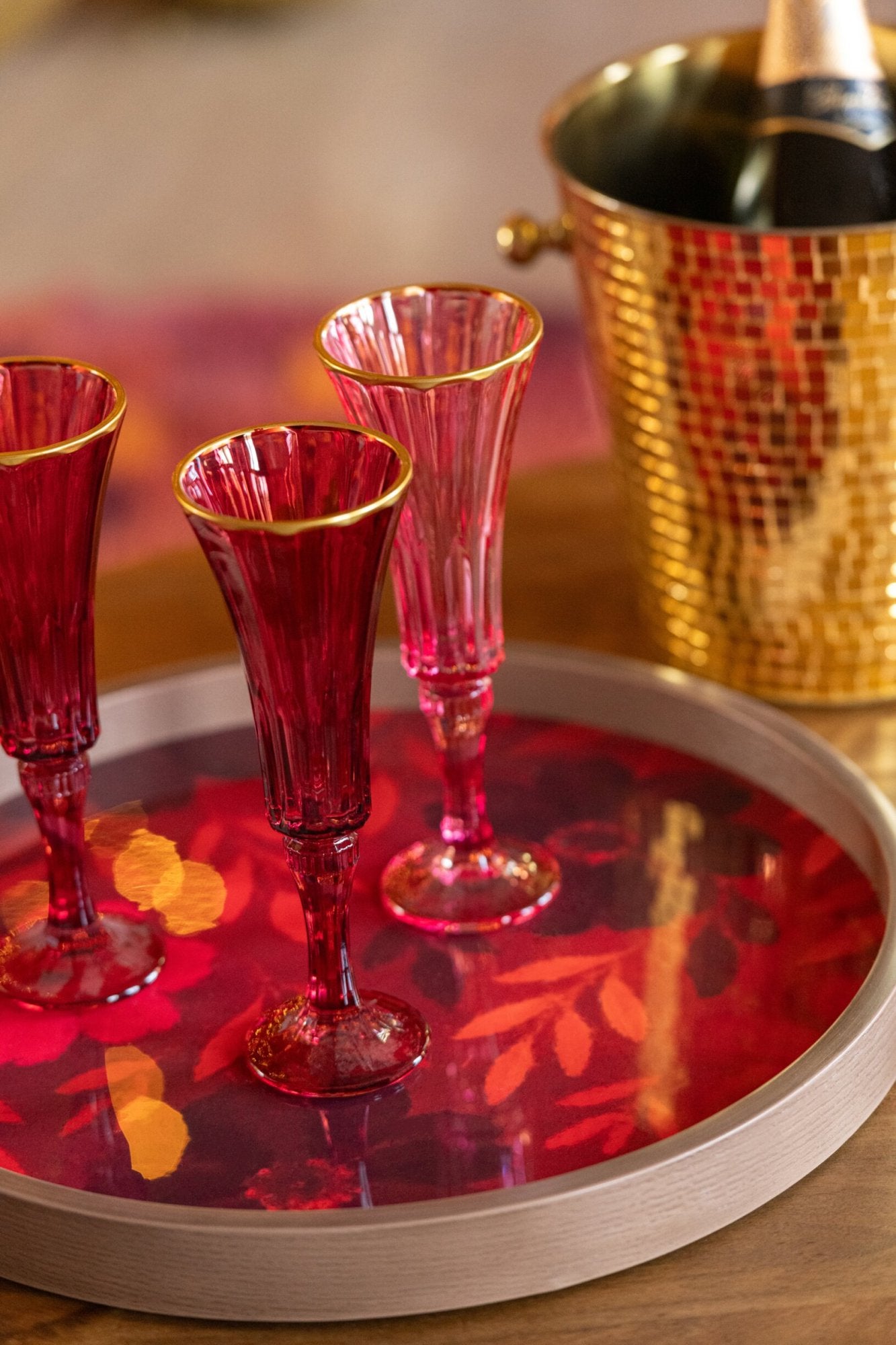 J-Line verre à champagne à relief avec bord doré, petit, bordeaux/rose clair assorti - 2 pièces