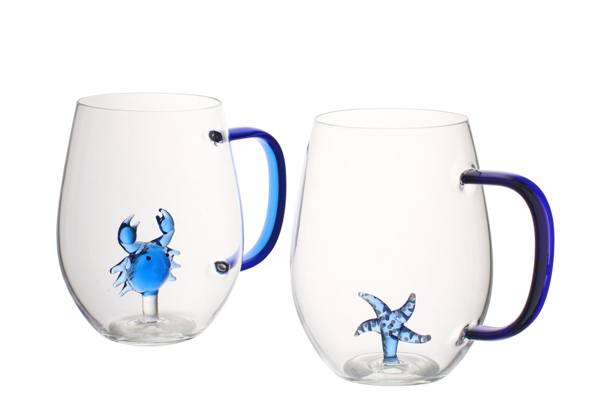 J-Line Verres à eau étoile de mer/crabe avec anse bleus/transparents assortis - 2 pièces