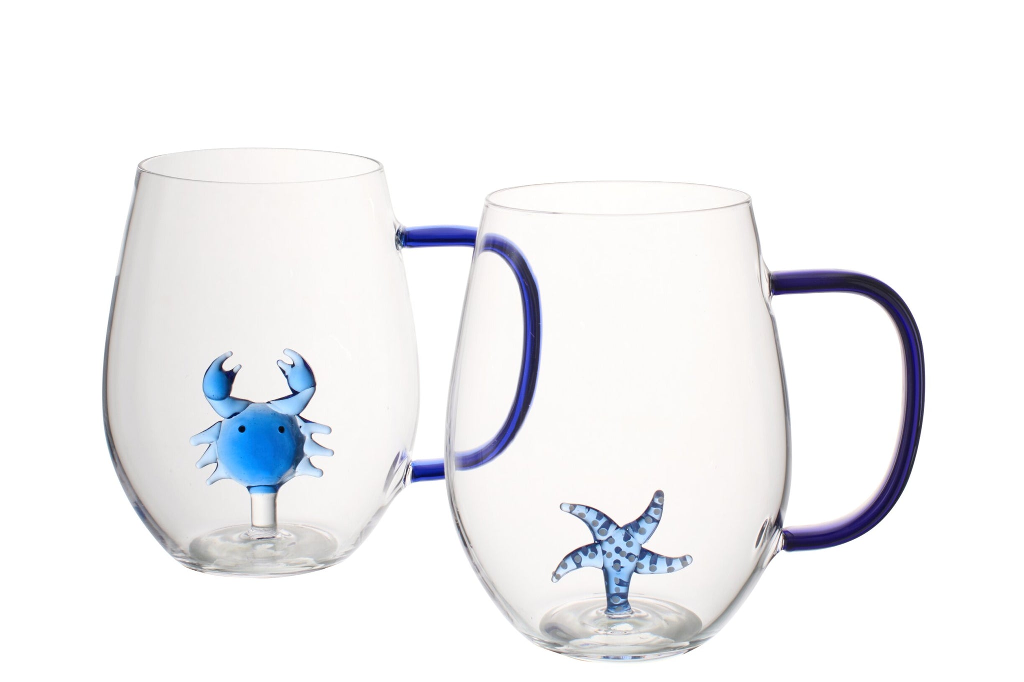 J-Line Verres à eau étoile de mer/crabe avec anse bleus/transparents assortis - 2 pièces