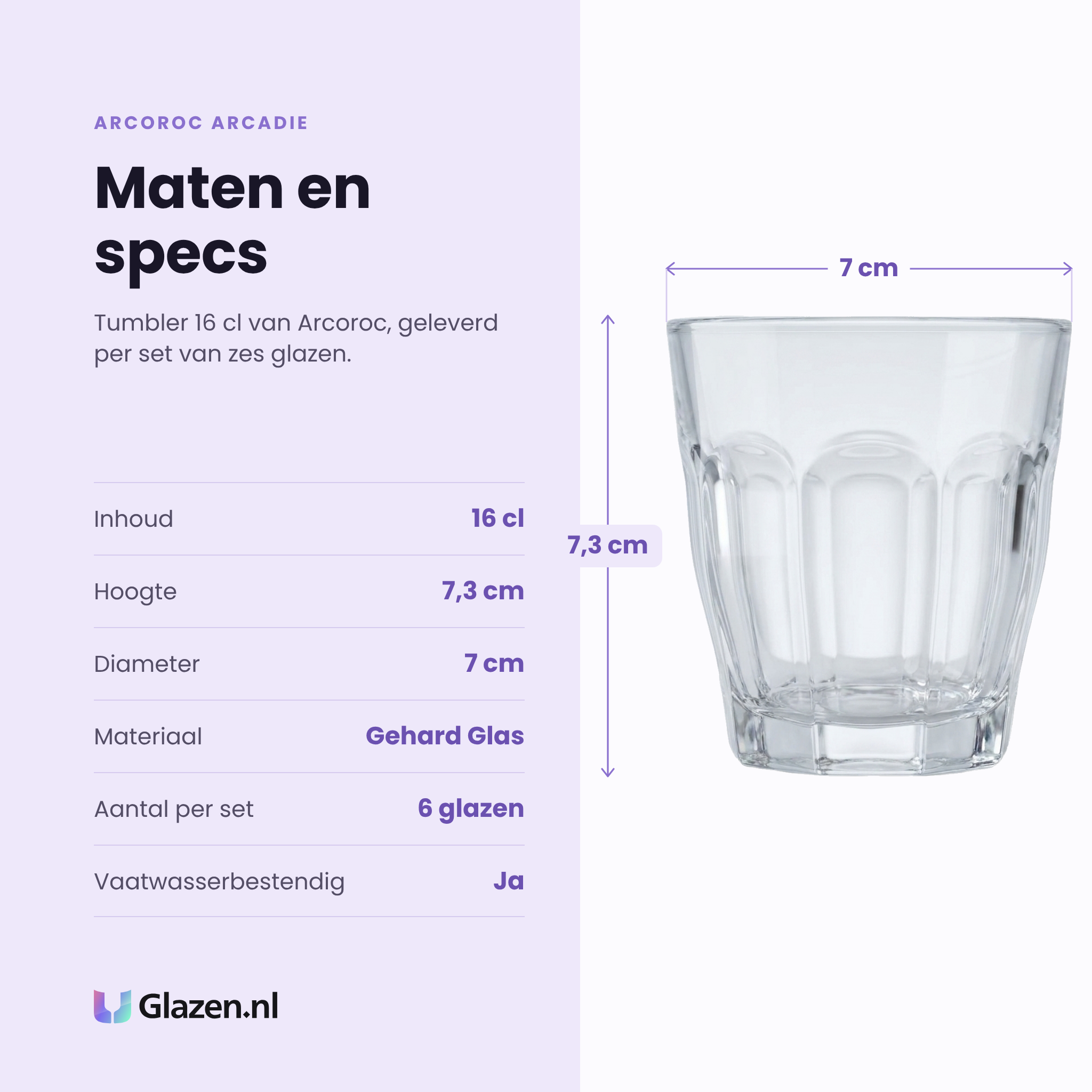 Arcoroc Arcadie tumbler 16 cl specificaties: inhoud 16 cl, hoogte 7,3 cm, diameter 7 cm, gehard glas, set van 6