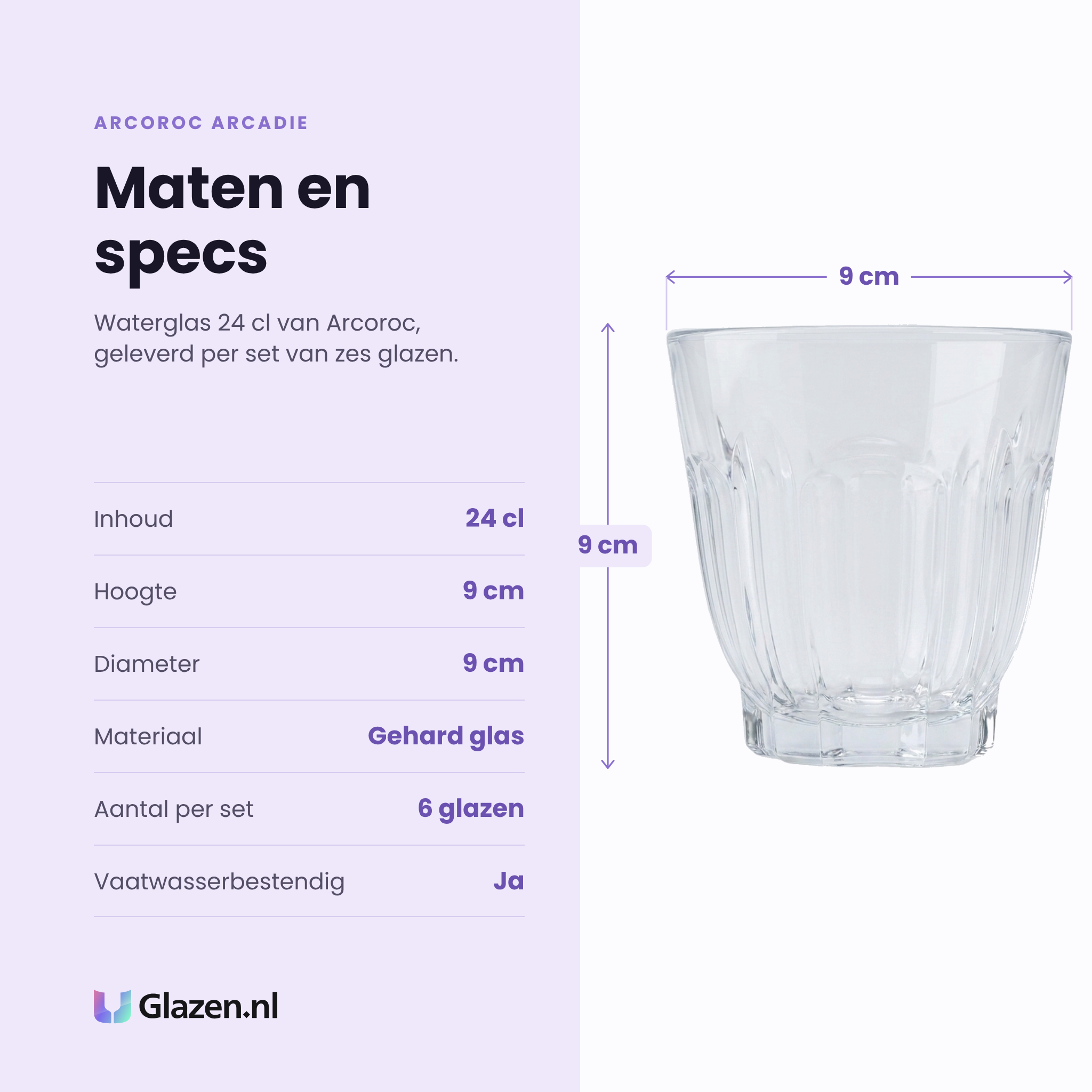 Arcoroc Arcadie waterglas 24 cl specificaties: inhoud 24 cl, hoogte 9 cm, diameter 9 cm, gehard glas, set van 6