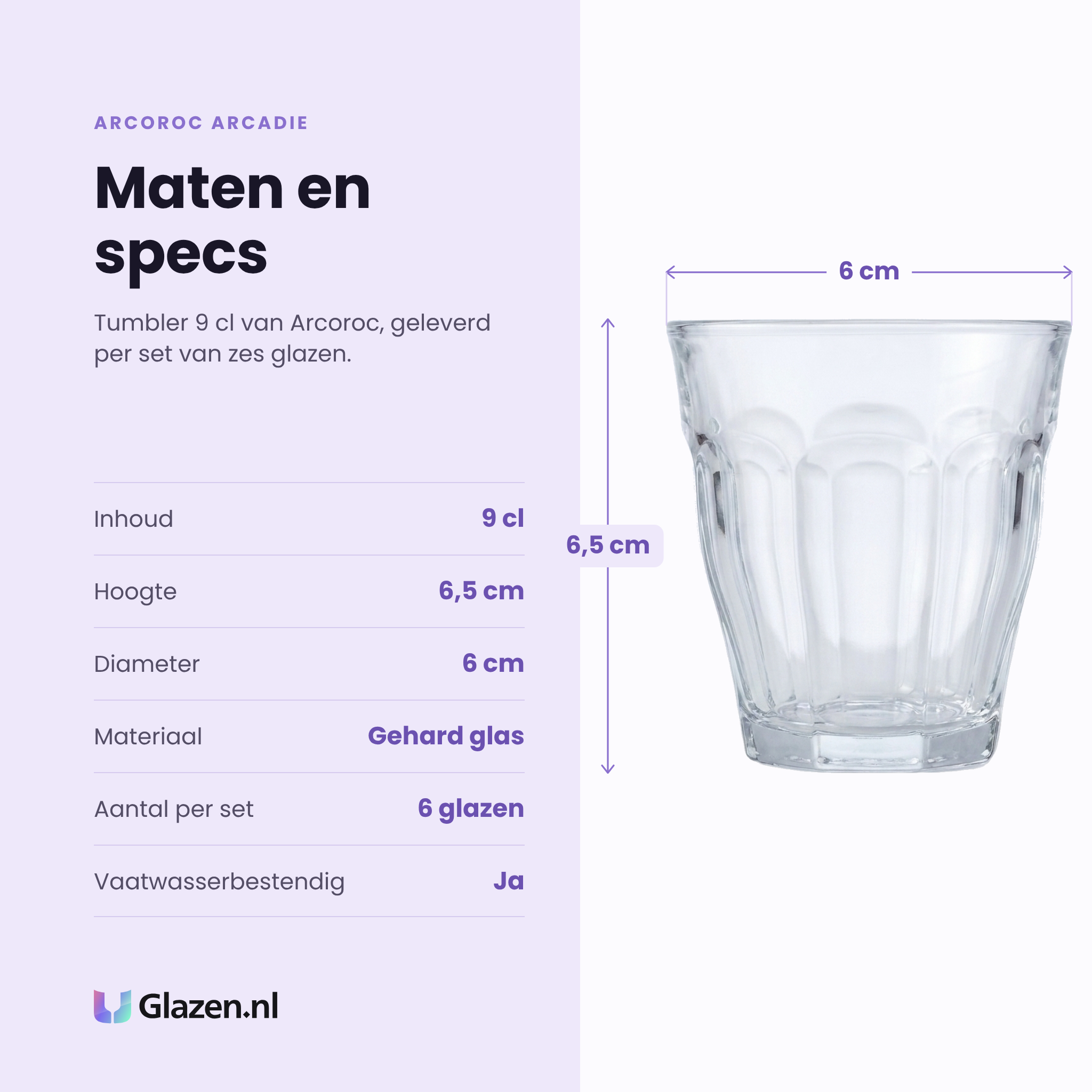 Arcoroc Arcadie tumbler 9 cl specificaties: inhoud 9 cl, hoogte 6,5 cm, diameter 6 cm, gehard glas, set van 6
