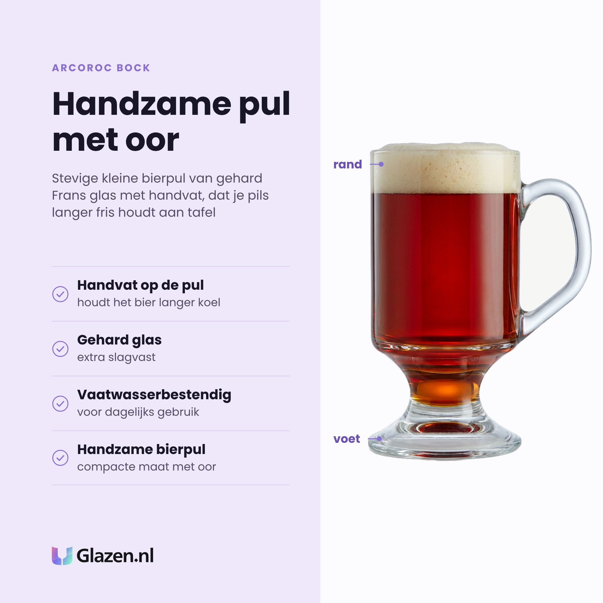 Arcoroc Bock bierpul 29 cl met oor eigenschappen: handvat houdt het bier langer koel, gehard glas, vaatwasserbestendig, handzame bierpul