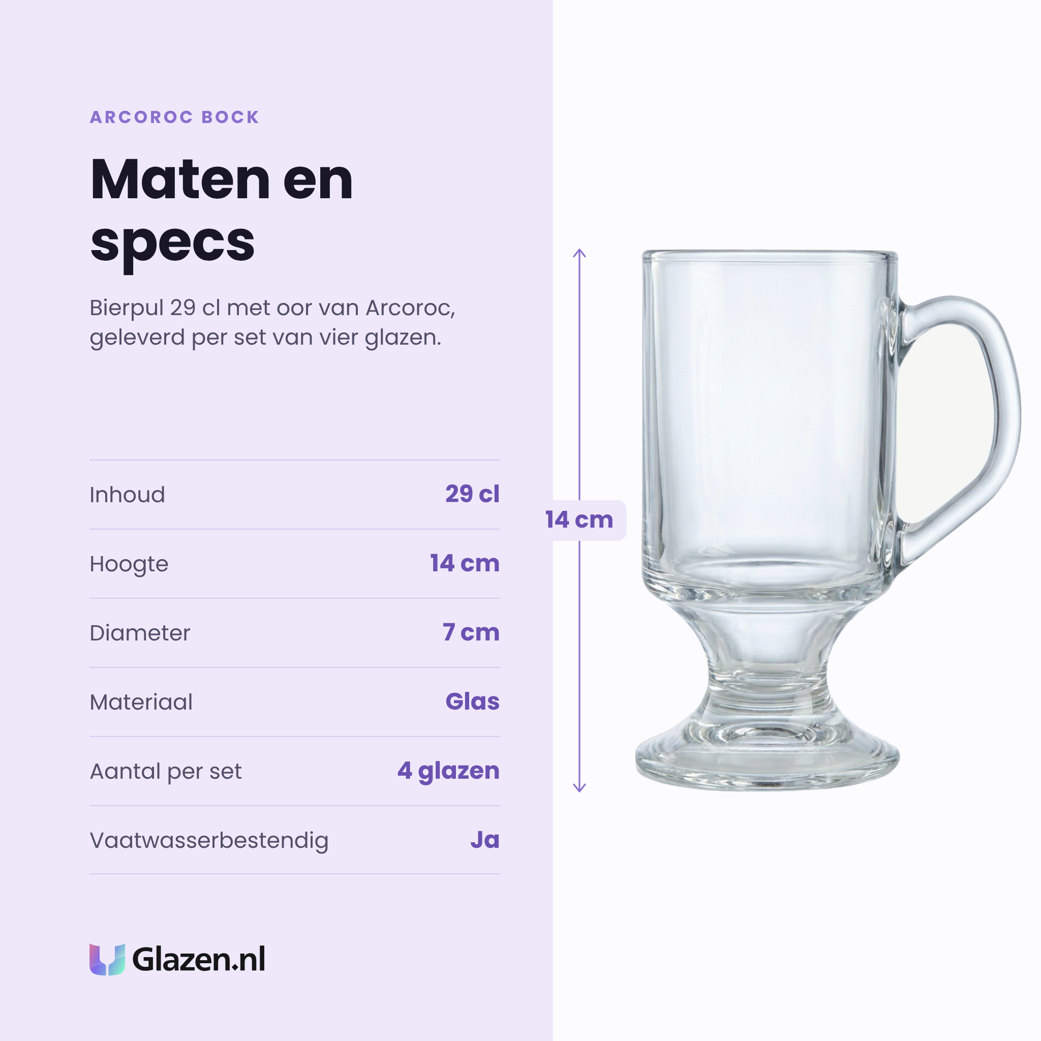 Arcoroc Bock bierpul 29 cl met oor specificaties: inhoud 29 cl, hoogte 14 cm, diameter 7 cm, glas, set van 4