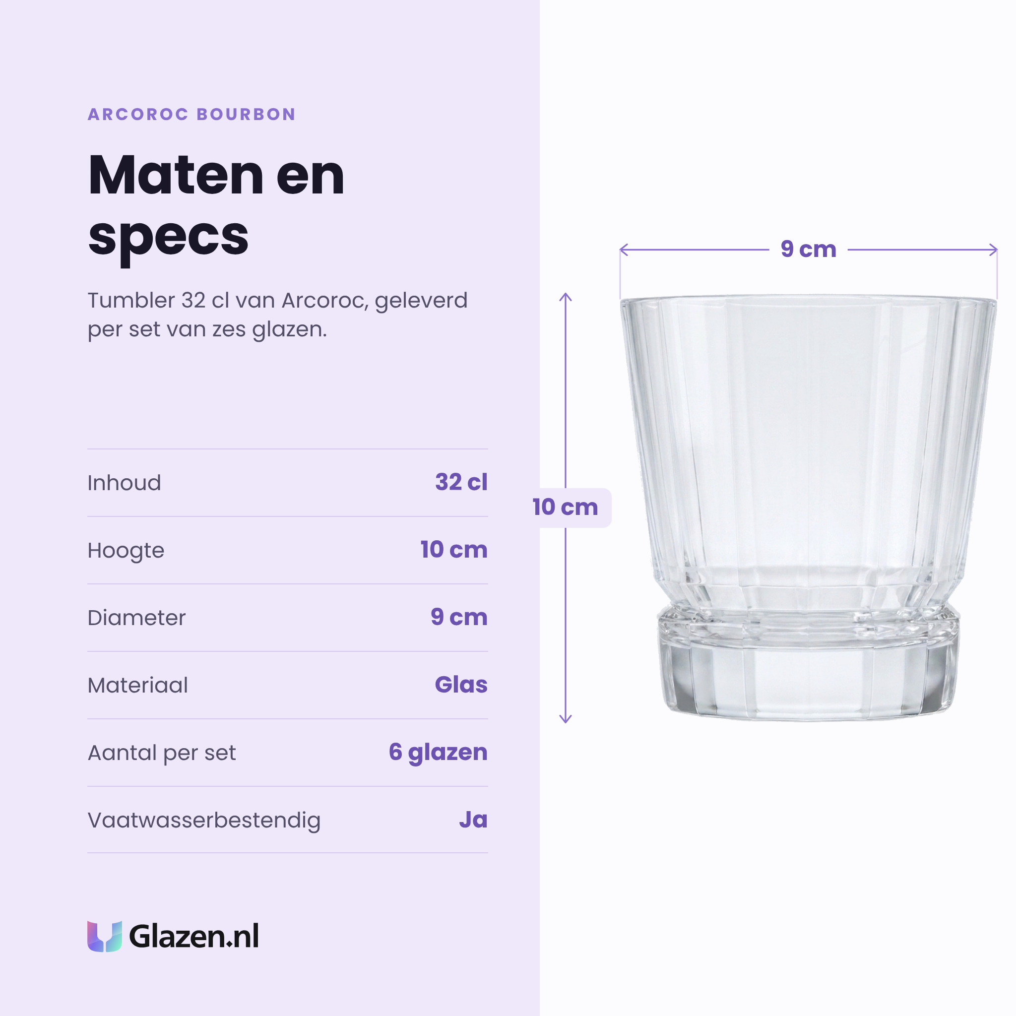 Arcoroc Bourbon tumbler 32 cl specificaties: inhoud 32 cl, hoogte 10 cm, diameter 9 cm, glas, set van 6