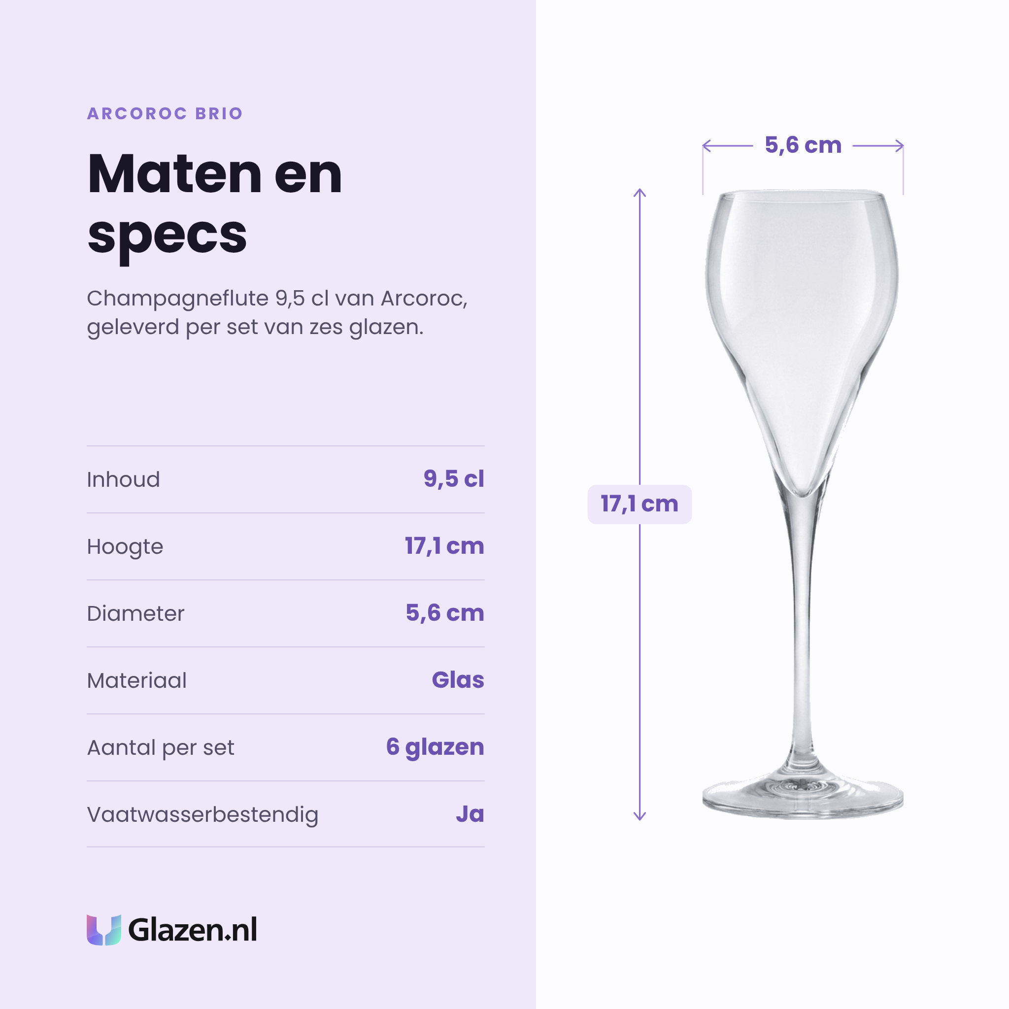 Arcoroc Brio champagneglas 9,5 cl specificaties: inhoud 9,5 cl, hoogte 17,1 cm, diameter 5,6 cm, glas, set van 6