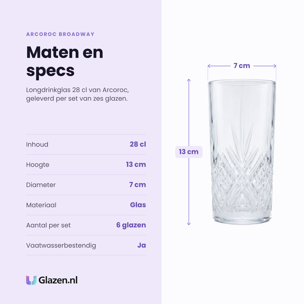 Arcoroc Broadway longdrinkglas 28 cl specificaties: inhoud 28 cl, hoogte 13 cm, diameter 7 cm, glas, set van 6