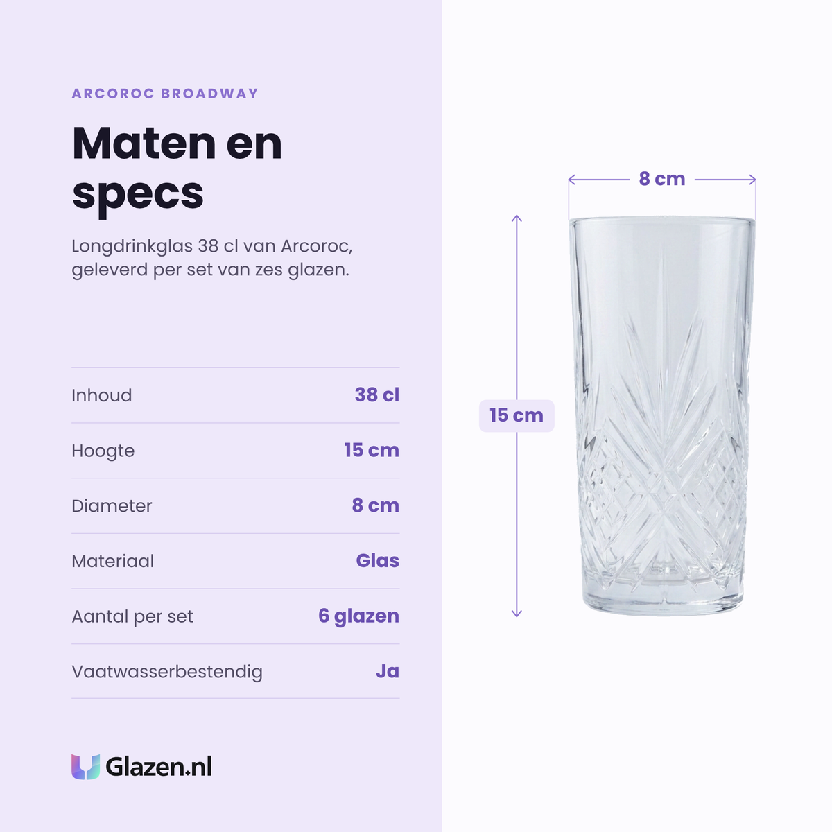 Arcoroc Broadway longdrinkglas 38 cl specificaties: inhoud 38 cl, hoogte 15 cm, diameter 8 cm, glas, set van 6