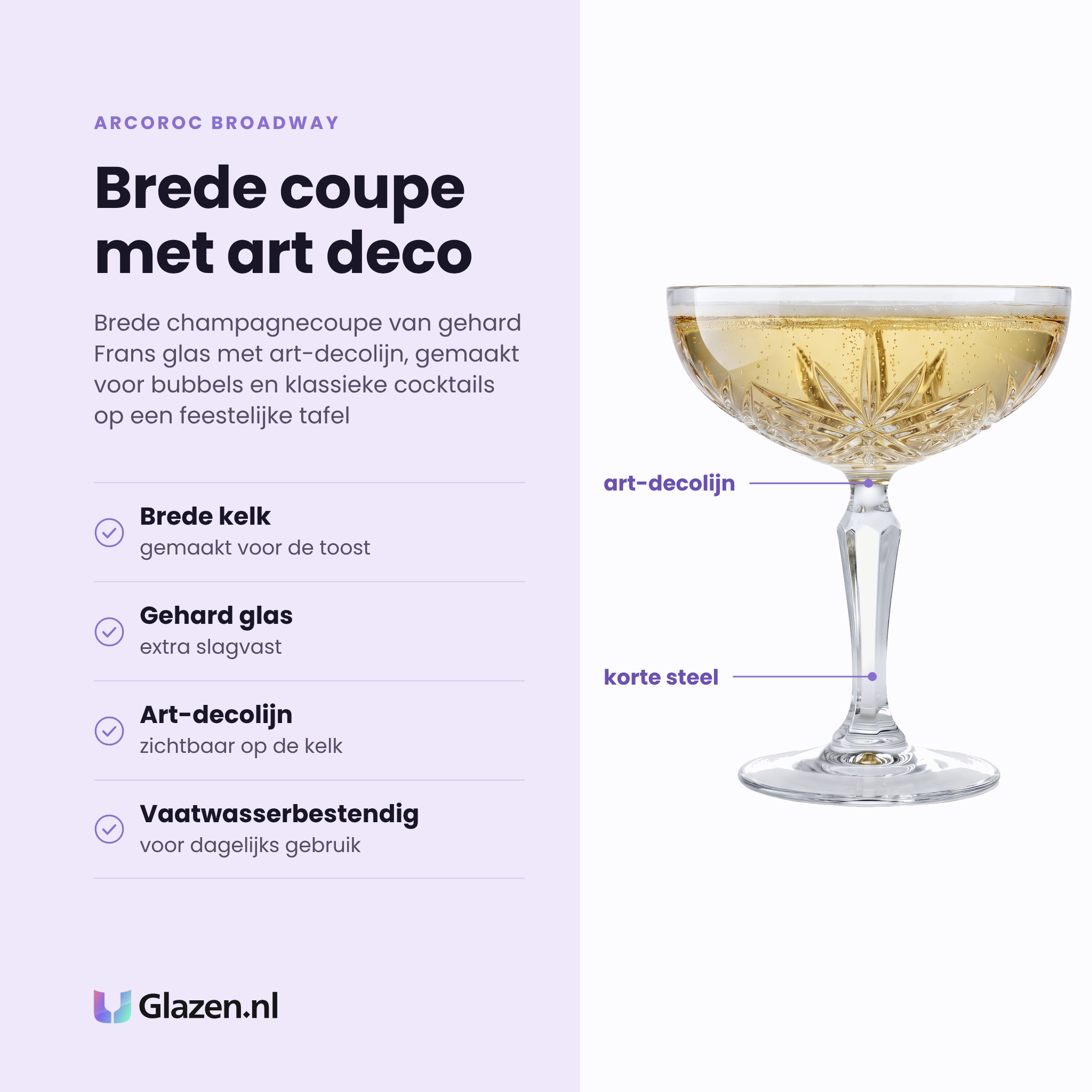 Arcoroc Broadway champagnecoupe 25 cl eigenschappen: gehard Frans glas, brede kelk voor de toost, art-decolijn op de kelk, vaatwasserbestendig
