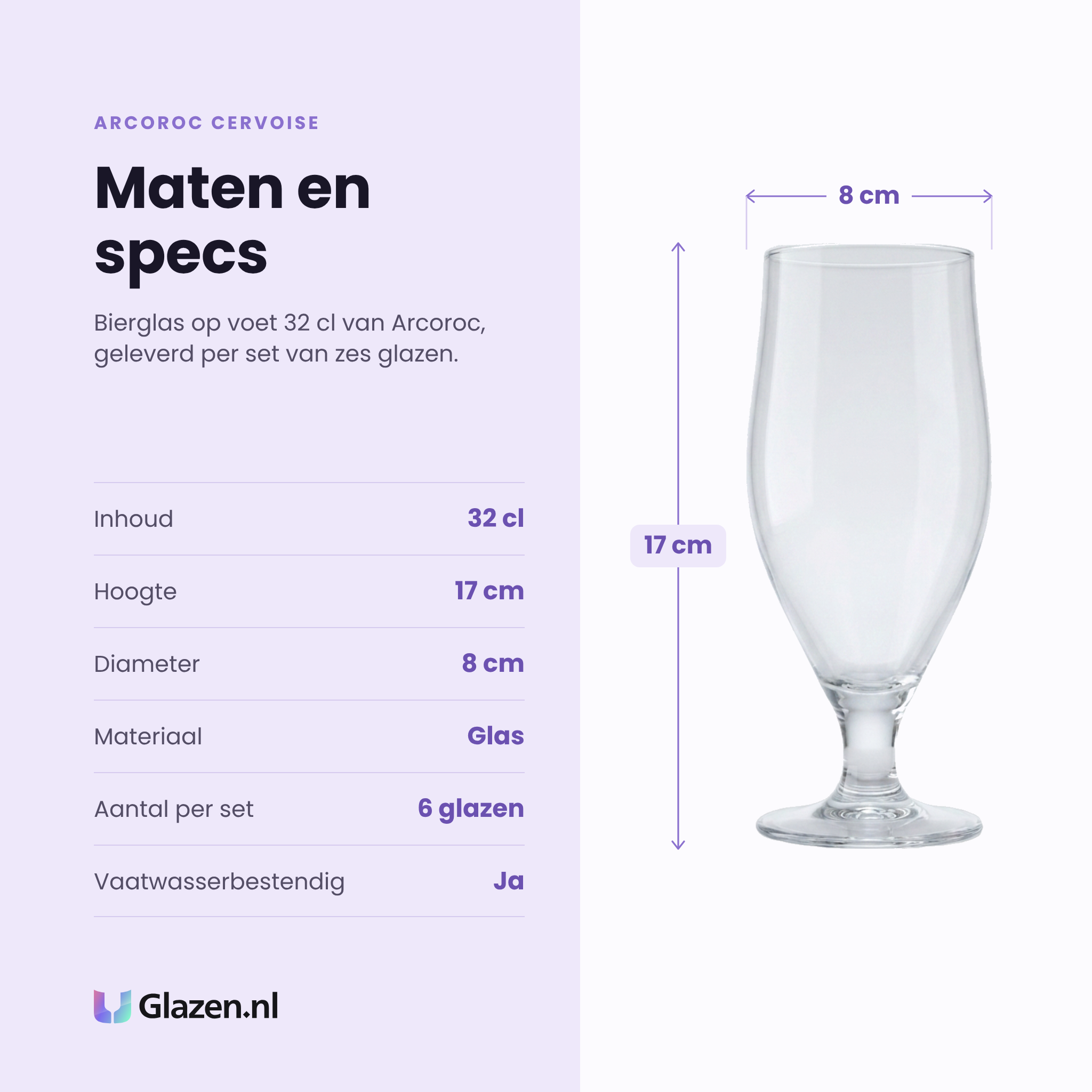 Arcoroc Cervoise bierglas 32 cl specificaties: inhoud 32 cl, hoogte 17 cm, diameter 8 cm, glas, set van 6