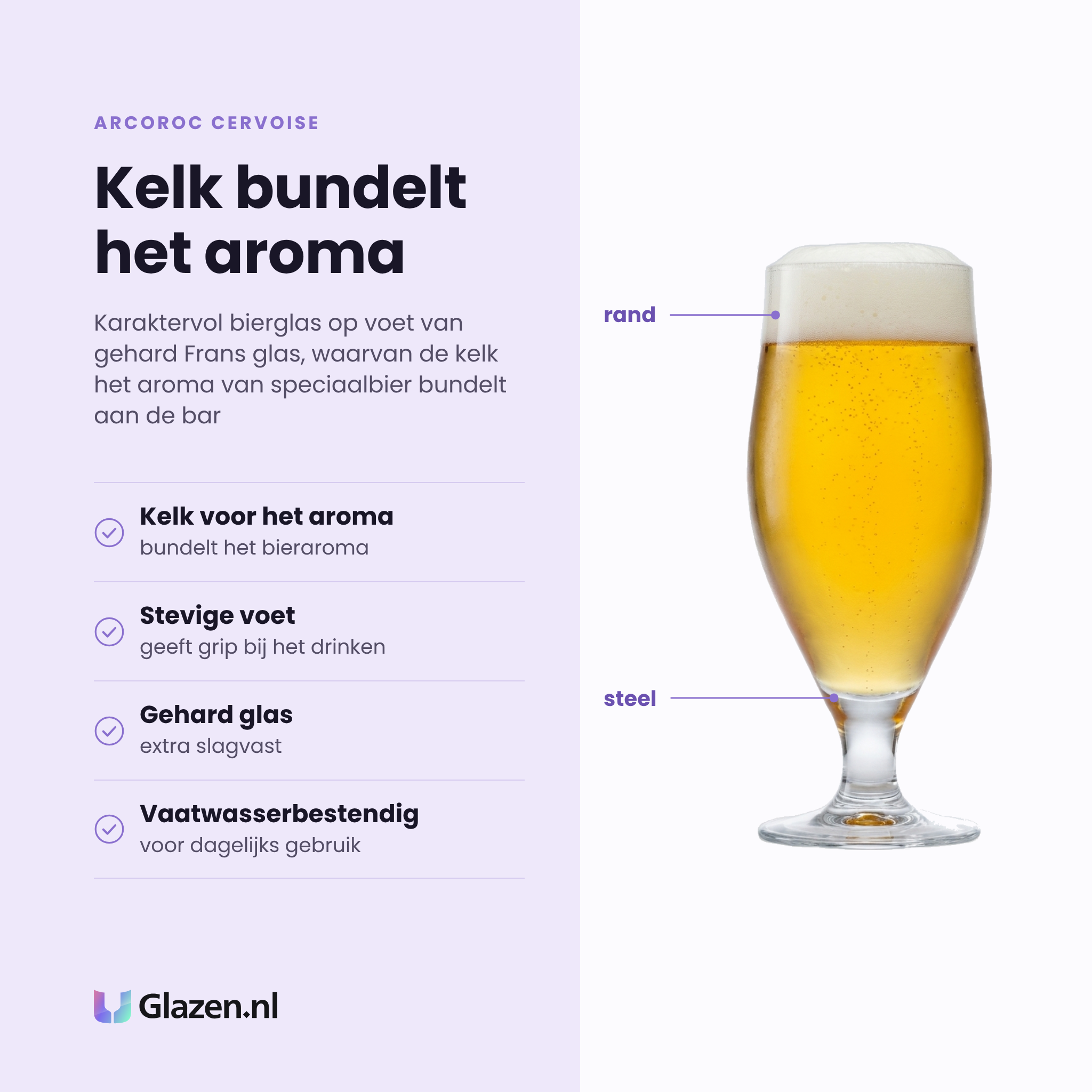 Arcoroc Cervoise bierglas 38 cl eigenschappen: kelk bundelt het bieraroma, stevige voet, gehard glas, vaatwasserbestendig