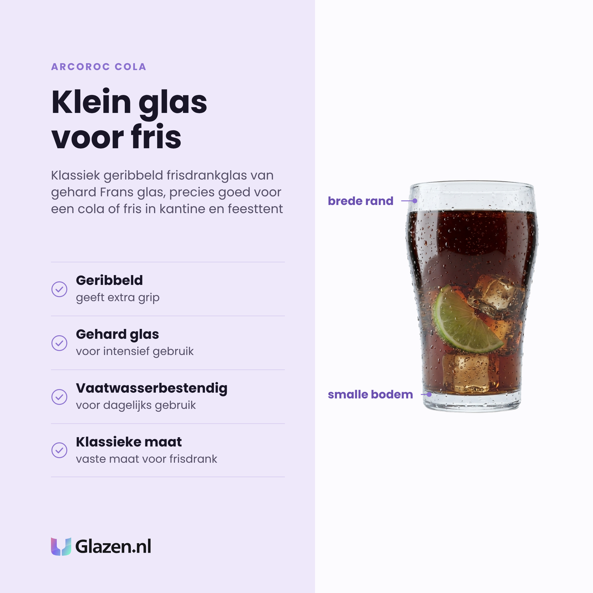 Arcoroc Cola frisdrankglas 20 cl eigenschappen: geribbeld voor extra grip, gehard glas, vaatwasserbestendig, klassieke maat