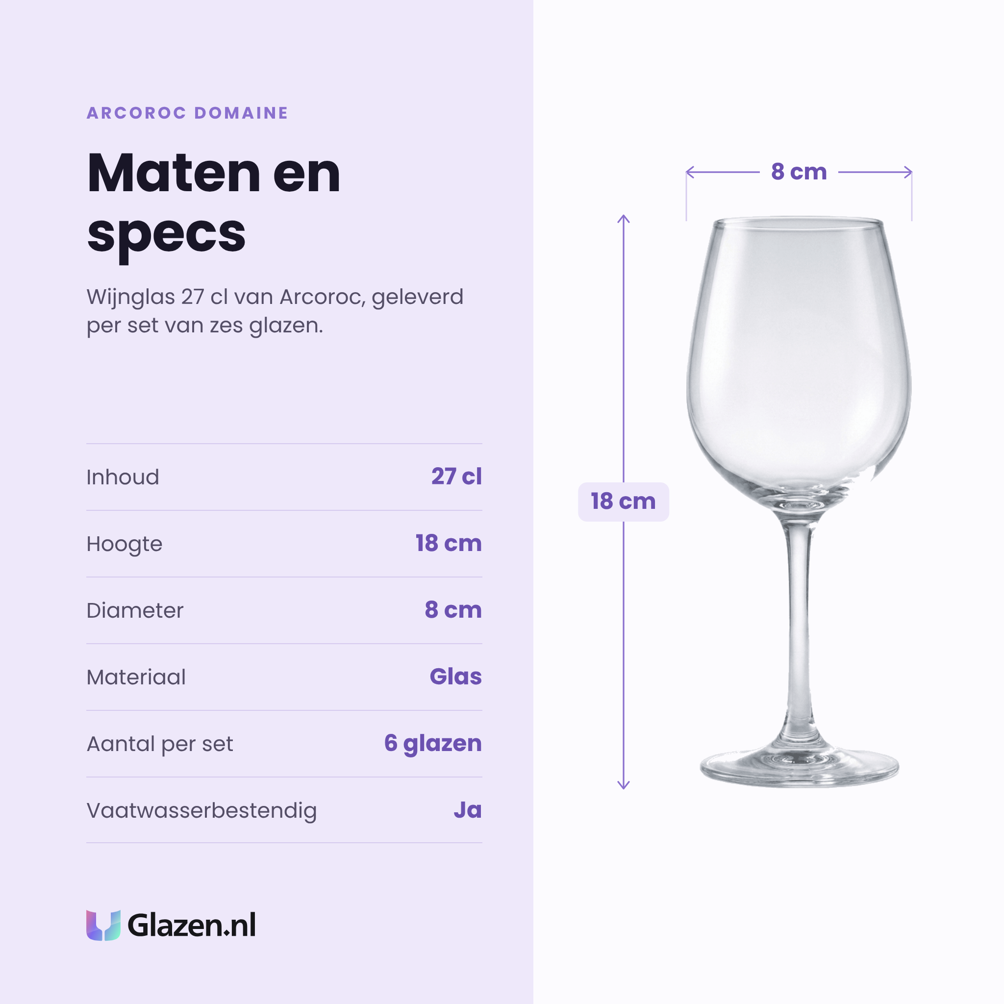 Arcoroc Domaine wijnglas 27 cl specificaties: inhoud 27 cl, hoogte 18 cm, diameter 8 cm, glas, set van 6