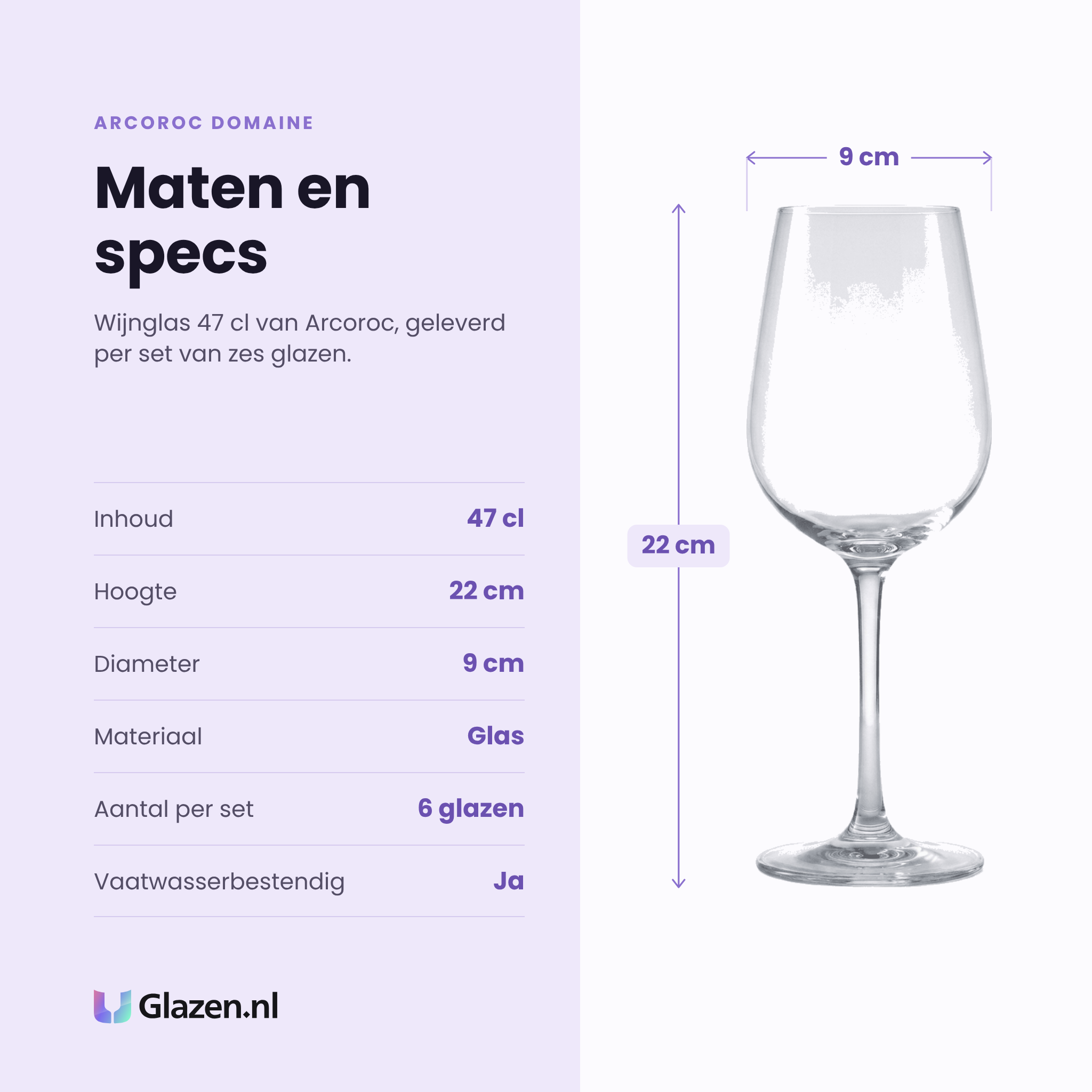 Arcoroc Domaine wijnglas 47 cl specificaties: inhoud 47 cl, hoogte 22 cm, diameter 9 cm, glas, set van 6
