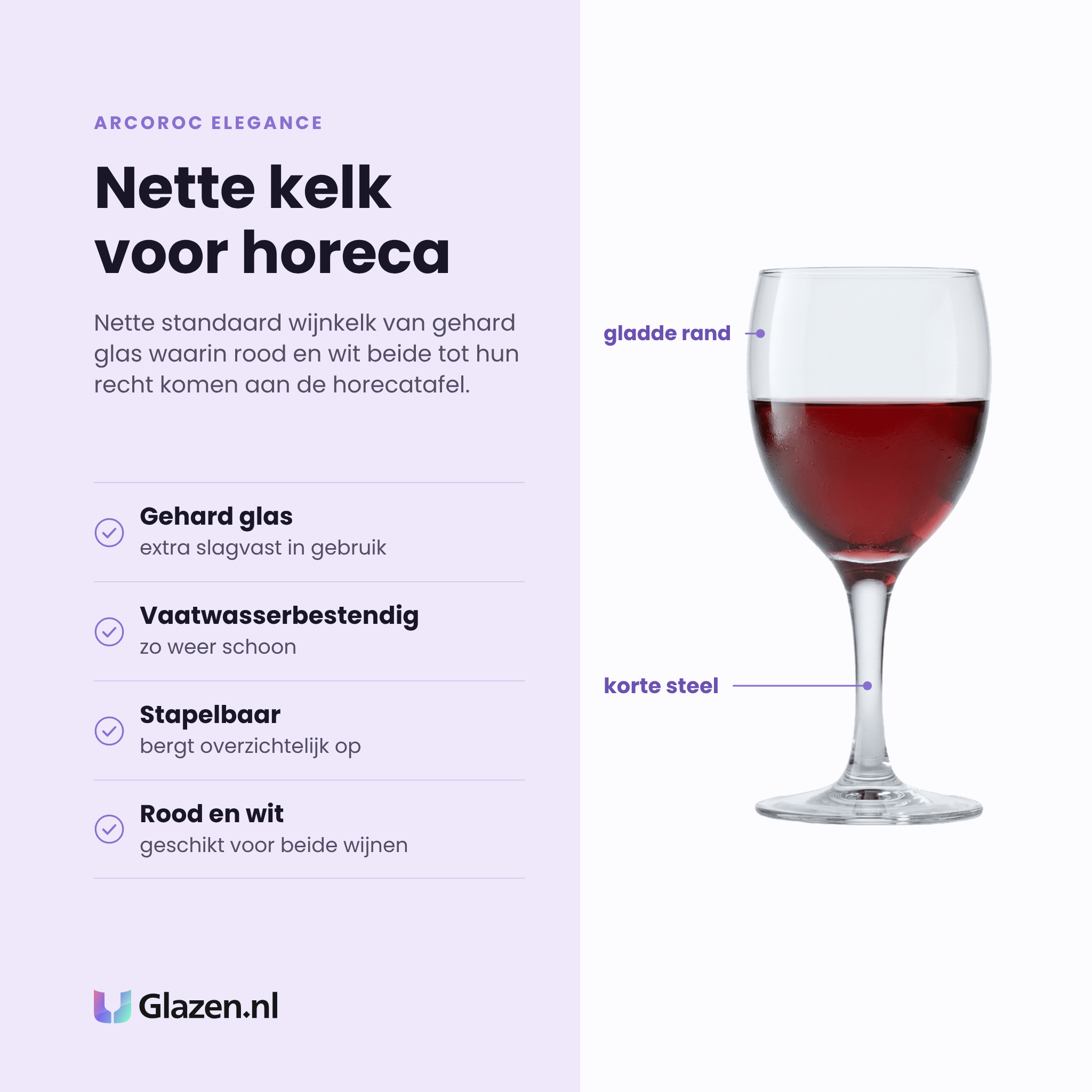 Arcoroc Elegance wijnglas eigenschappen: gehard glas, vaatwasserbestendig, stapelbaar, geschikt voor rood en wit