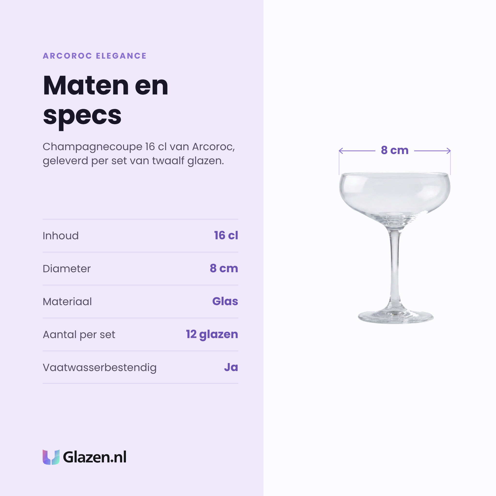 Arcoroc Elegance champagnecoupe 16 cl specificaties: inhoud 16 cl, diameter 8 cm, glas, set van 12