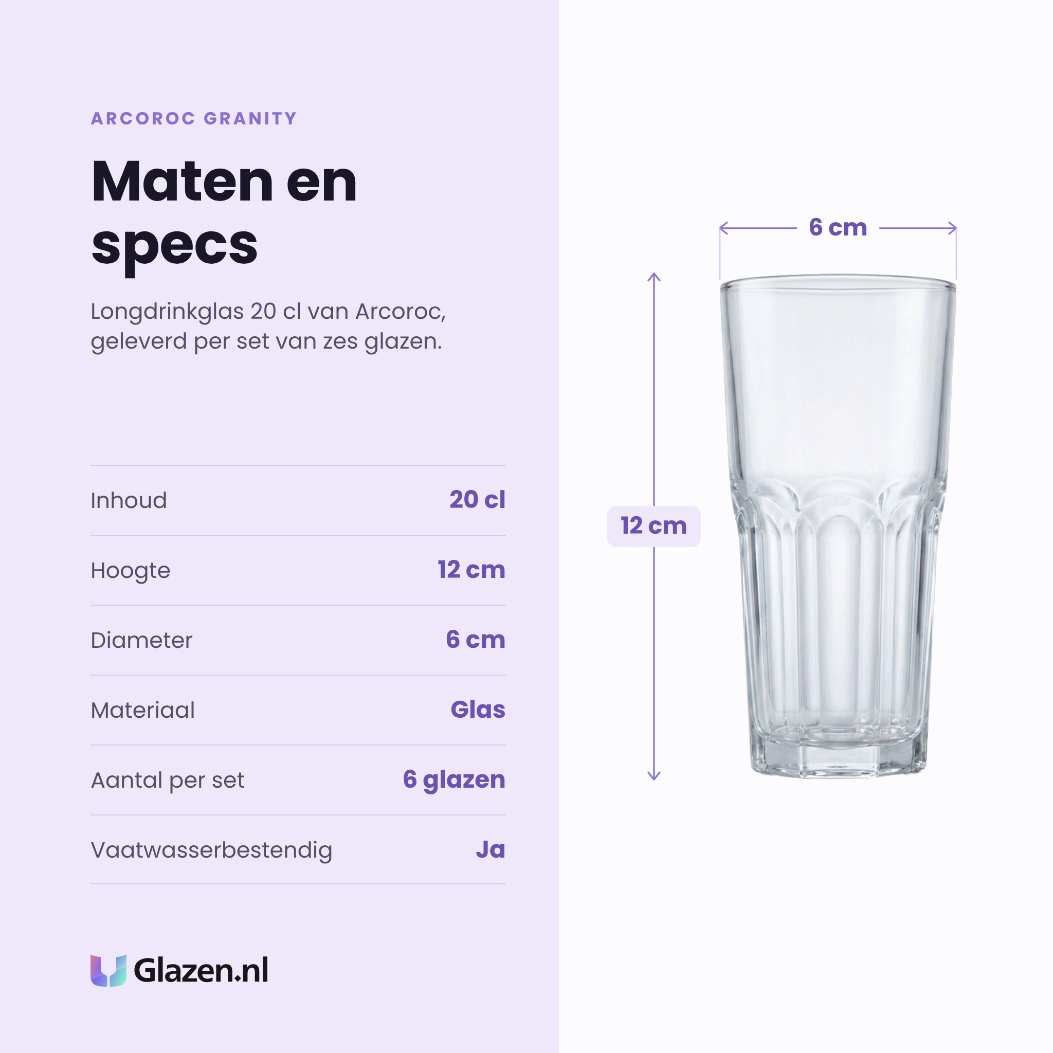Arcoroc Granity longdrinkglas 20 cl specificaties: inhoud 20 cl, hoogte 12 cm, diameter 6 cm, glas, set van 6
