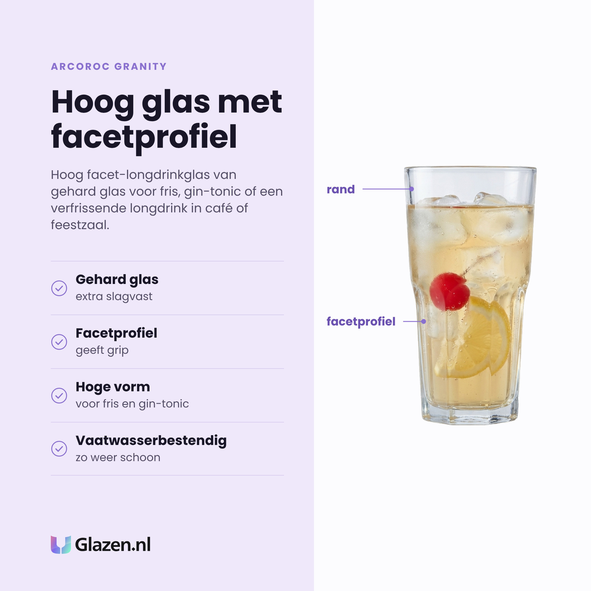 Arcoroc Granity longdrinkglas 31 cl eigenschappen: gehard glas, facetprofiel geeft grip, hoge vorm voor fris en gin-tonic, vaatwasserbestendig