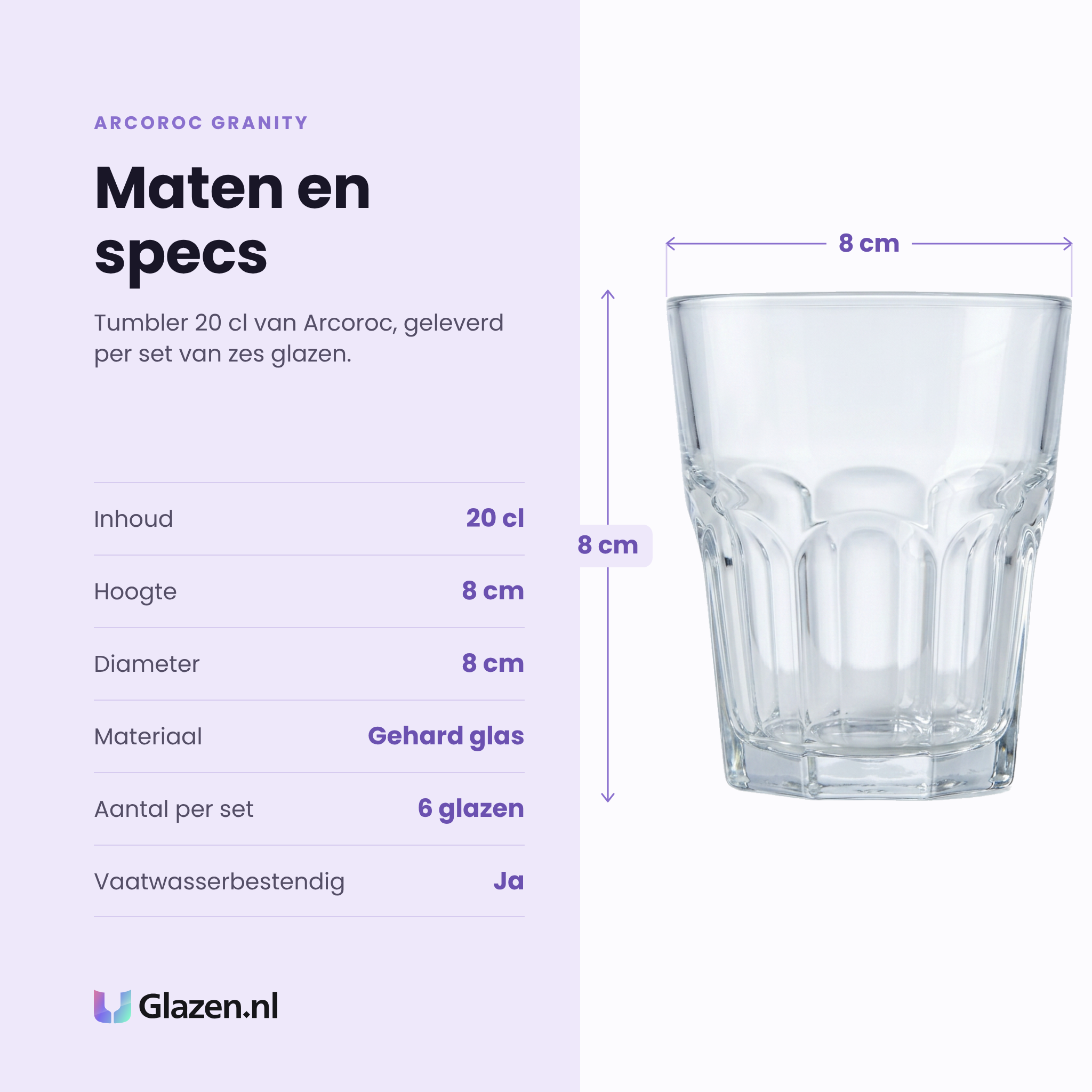 Arcoroc Granity tumbler 20 cl specificaties: inhoud 20 cl, hoogte 8 cm, diameter 8 cm, gehard glas, set van 6