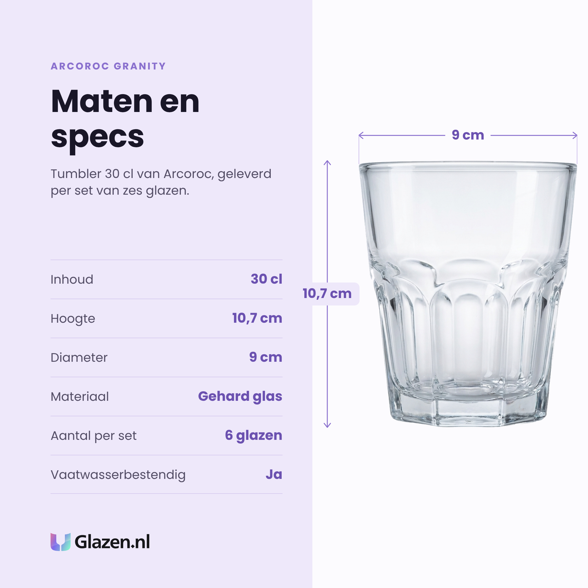 Arcoroc Granity tumbler 30 cl specificaties: inhoud 30 cl, hoogte 10,7 cm, diameter 9 cm, gehard glas, set van 6
