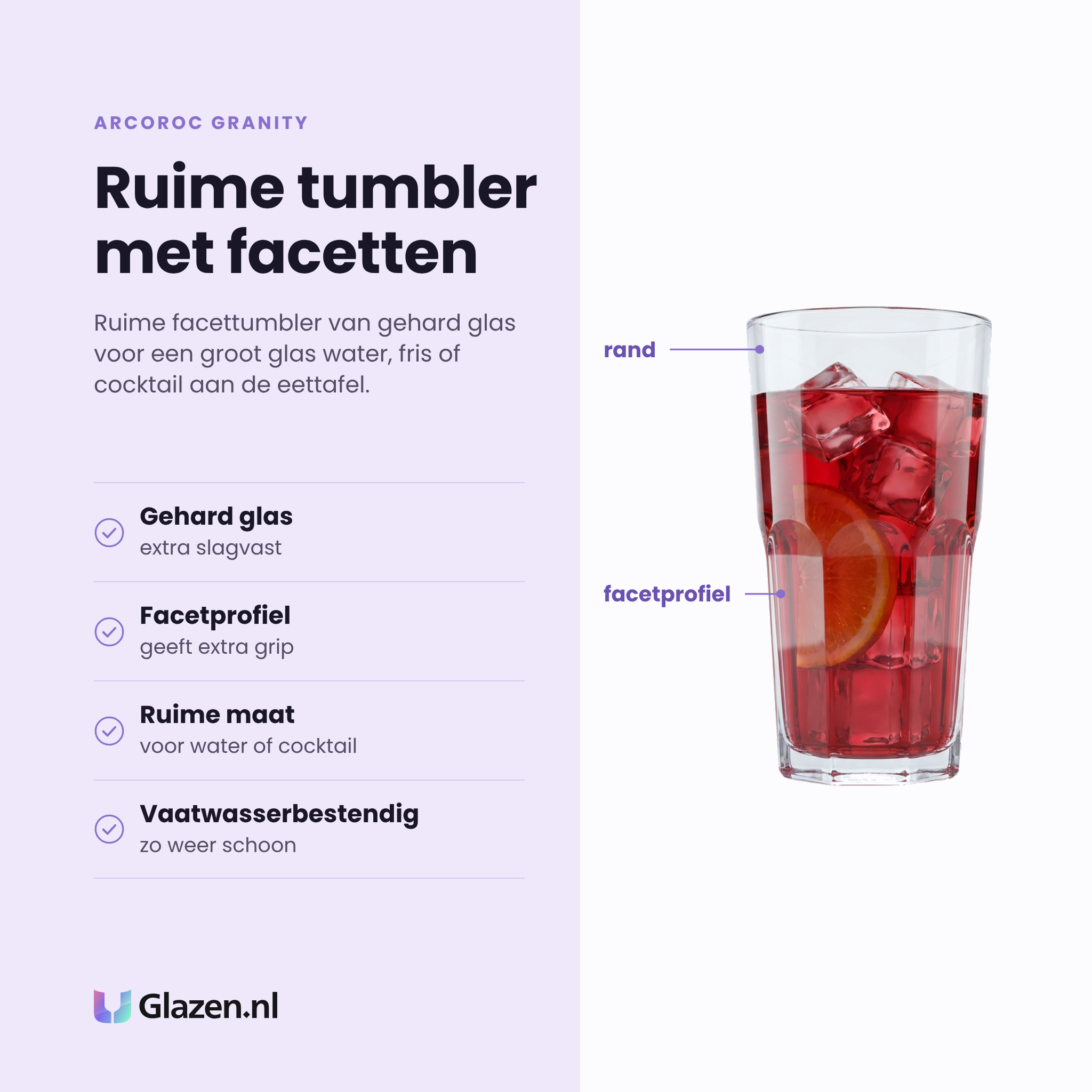 Arcoroc Granity tumbler 31 cl eigenschappen: gehard glas, facetprofiel geeft grip, ruime maat voor water of cocktail, vaatwasserbestendig