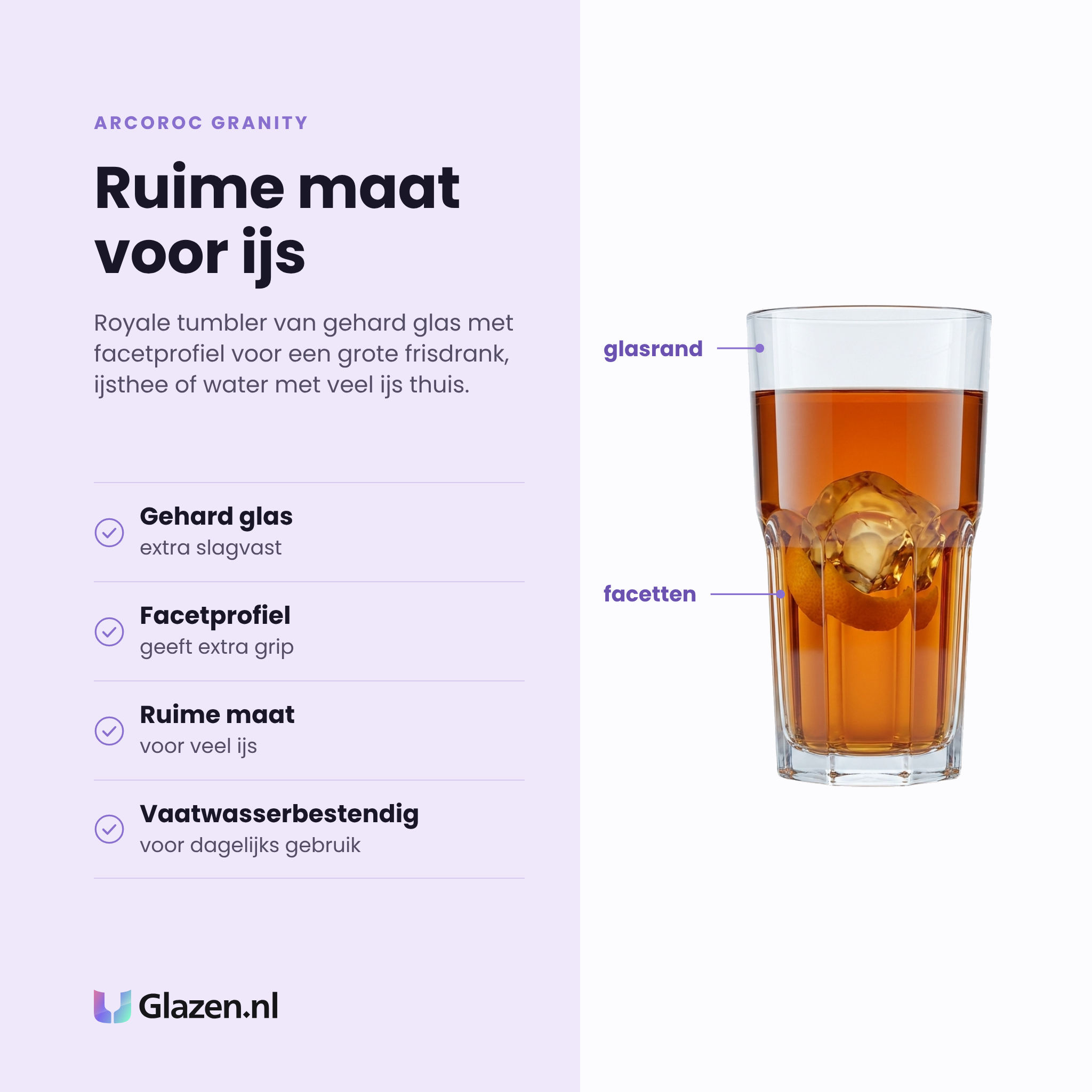 Arcoroc Granity tumbler 46 cl eigenschappen: gehard glas, facetprofiel, ruime maat voor veel ijs, vaatwasserbestendig