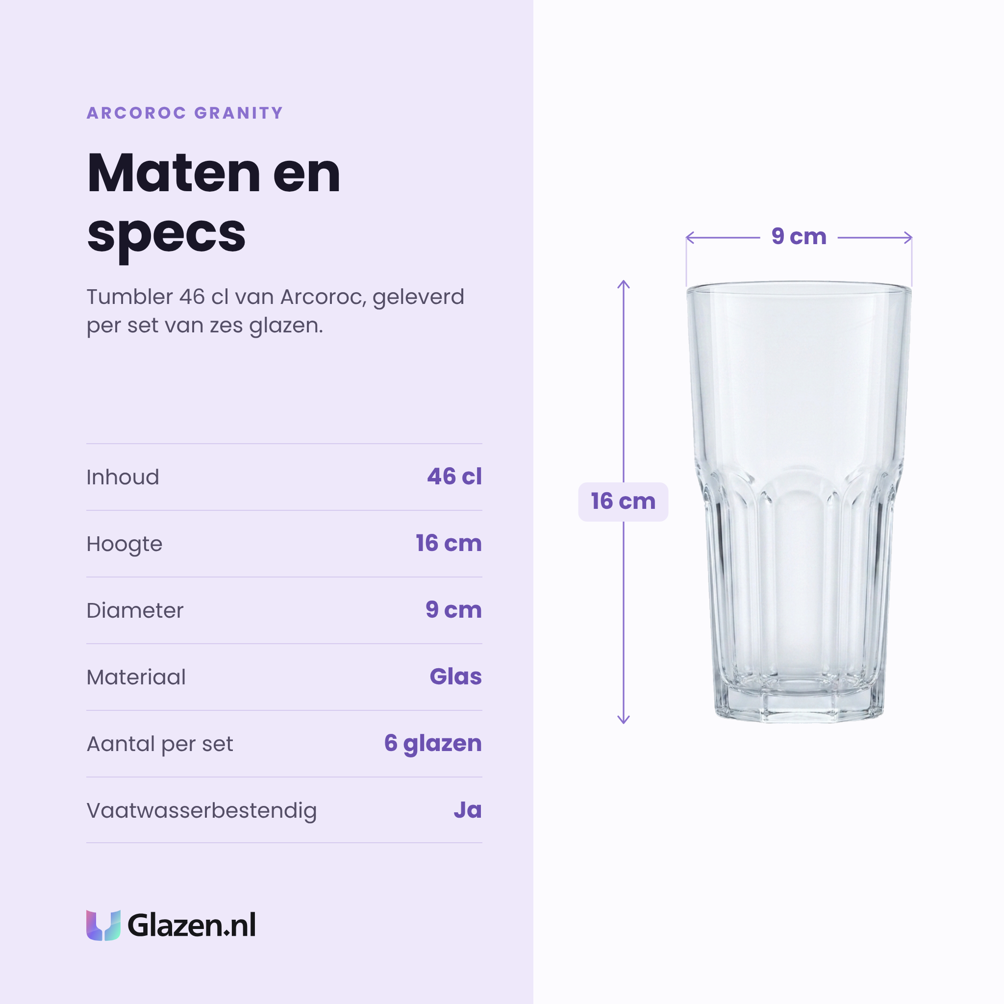 Arcoroc Granity tumbler 46 cl specificaties: inhoud 46 cl, hoogte 16 cm, diameter 9 cm, glas, set van 6