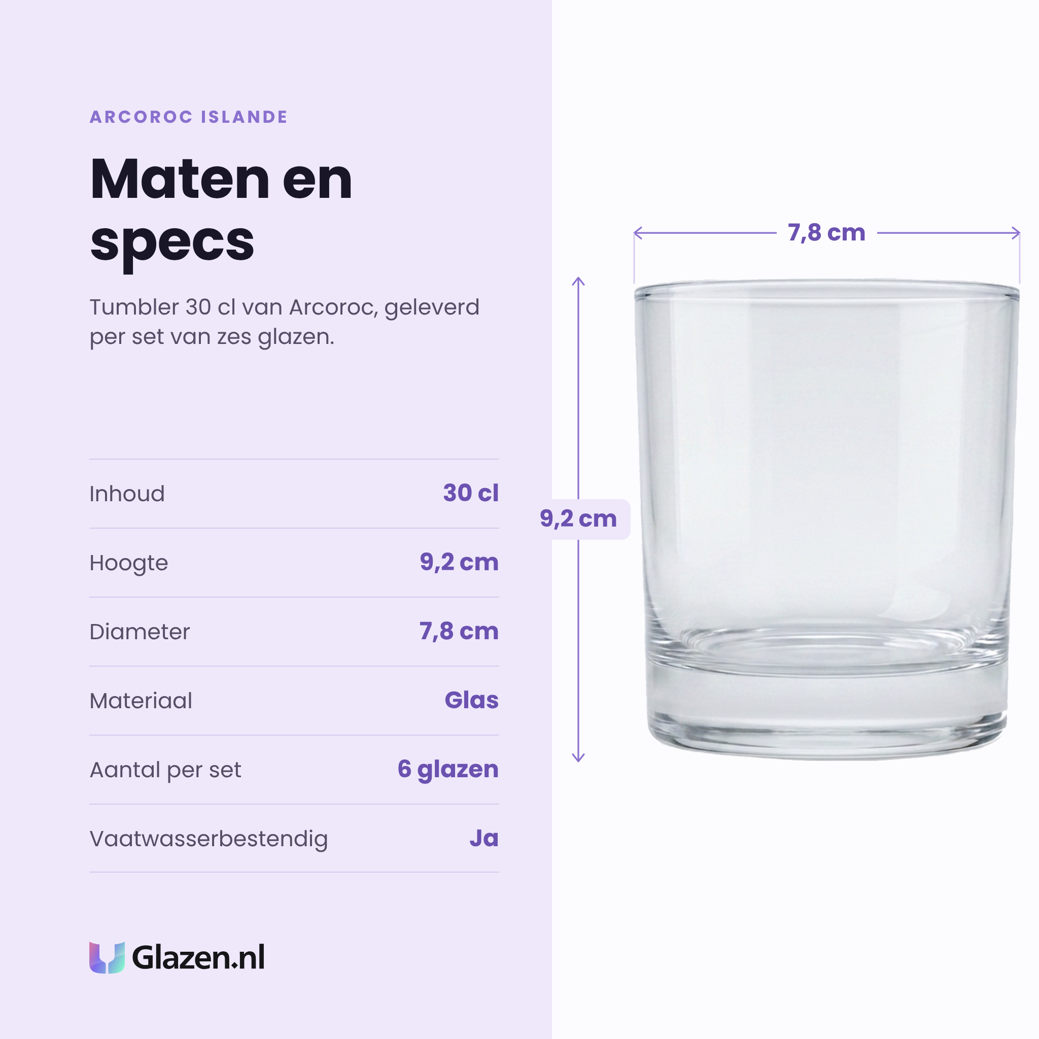 Arcoroc Islande tumbler 30 cl specificaties: inhoud 30 cl, hoogte 9,2 cm, diameter 7,8 cm, glas, set van 6
