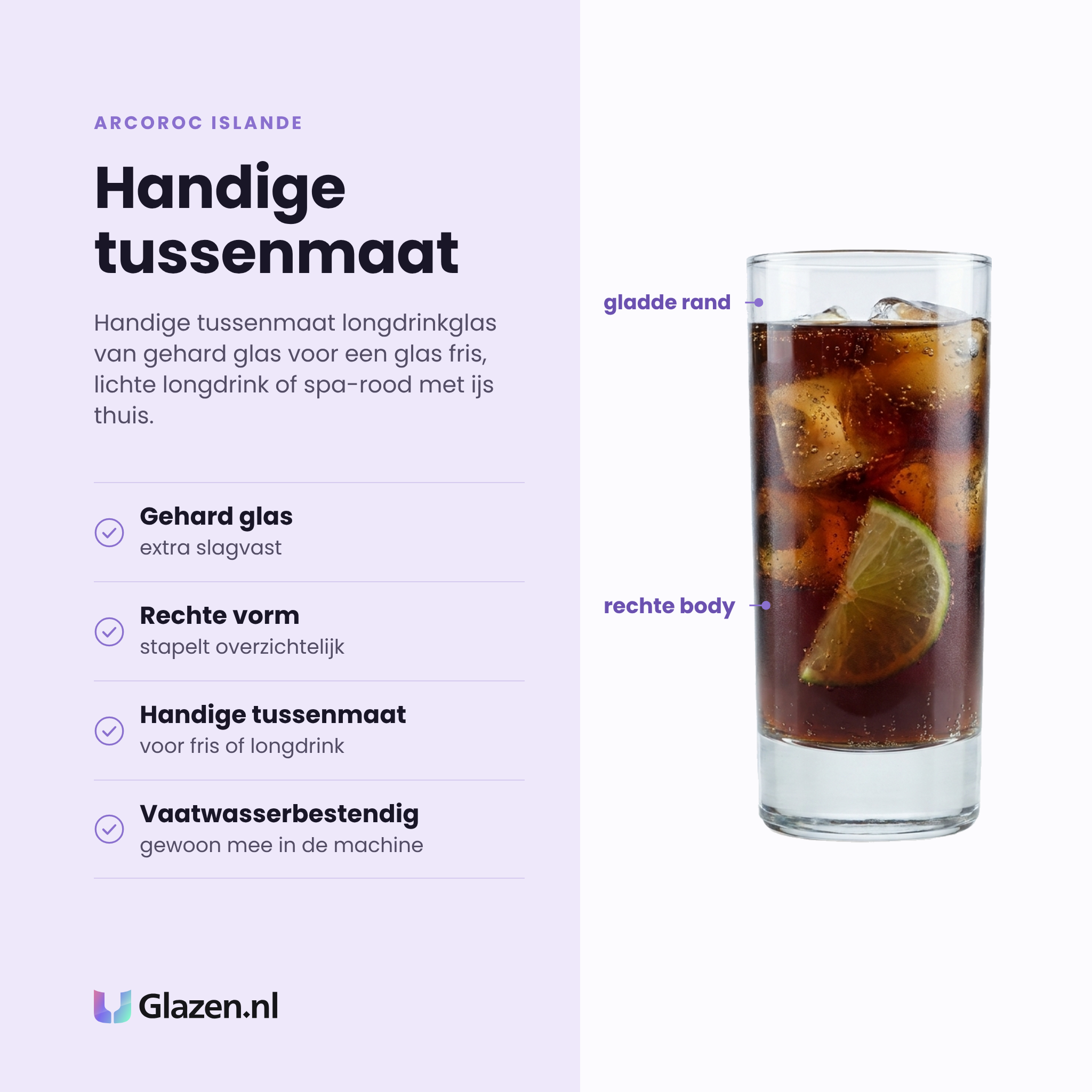 Arcoroc Islande longdrinkglas 29 cl eigenschappen: gehard glas, rechte vorm stapelt overzichtelijk, handige tussenmaat, vaatwasserbestendig