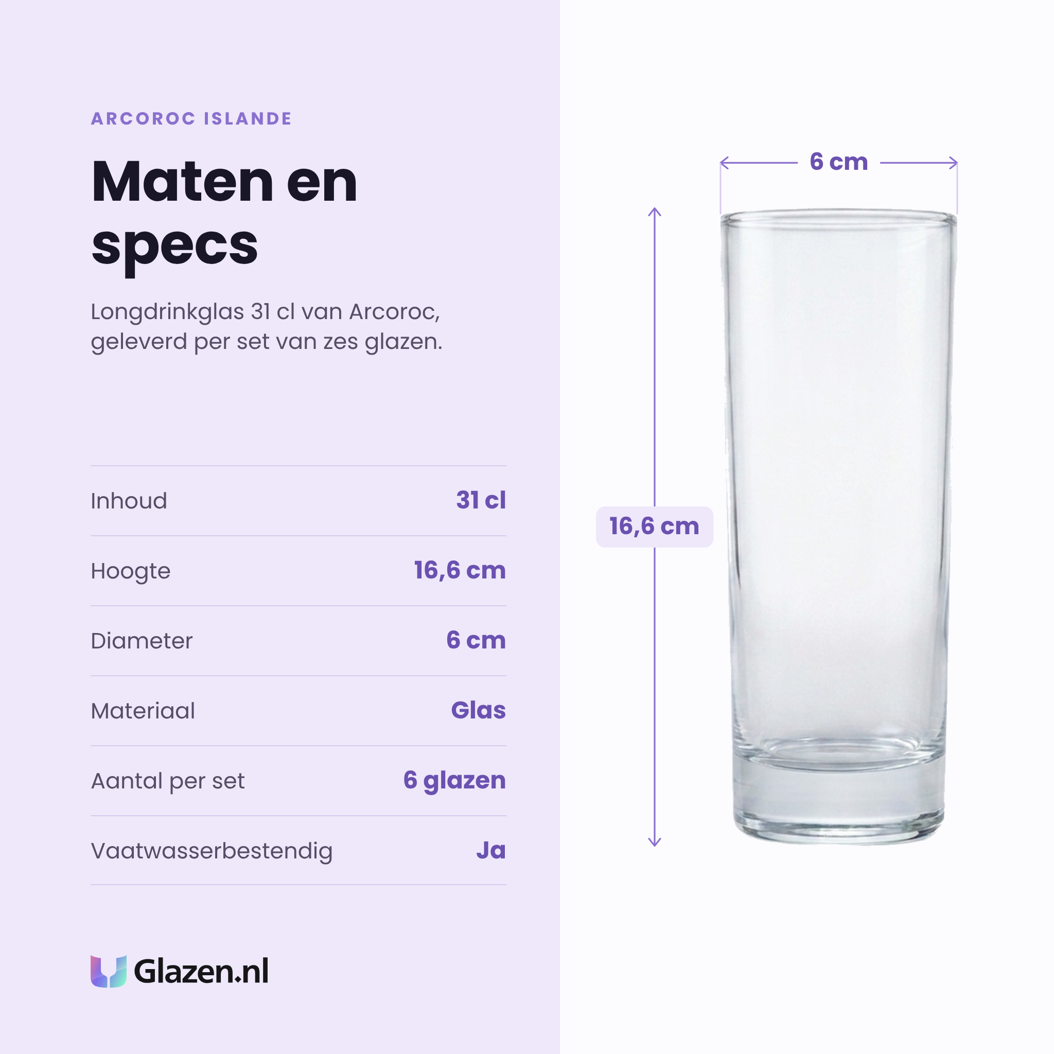 Arcoroc Islande longdrinkglas 31 cl specificaties: inhoud 31 cl, hoogte 16,6 cm, diameter 6 cm, glas, set van 6