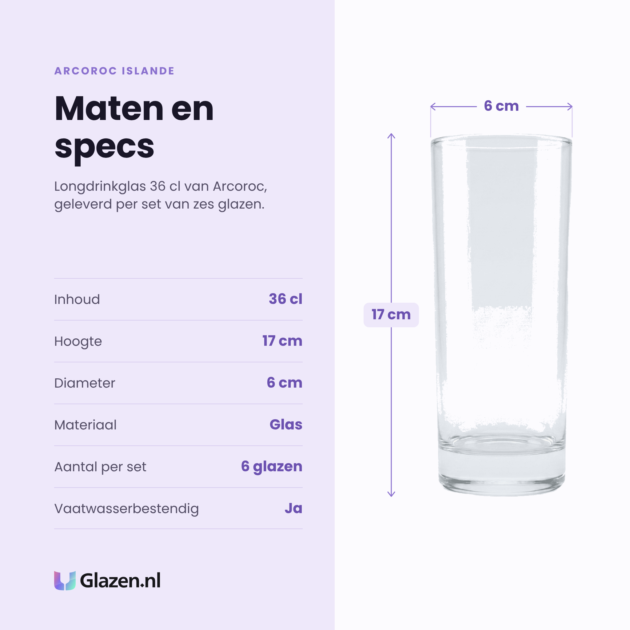 Arcoroc Islande longdrinkglas 36 cl specificaties: inhoud 36 cl, hoogte 17 cm, diameter 6 cm, glas, set van 6