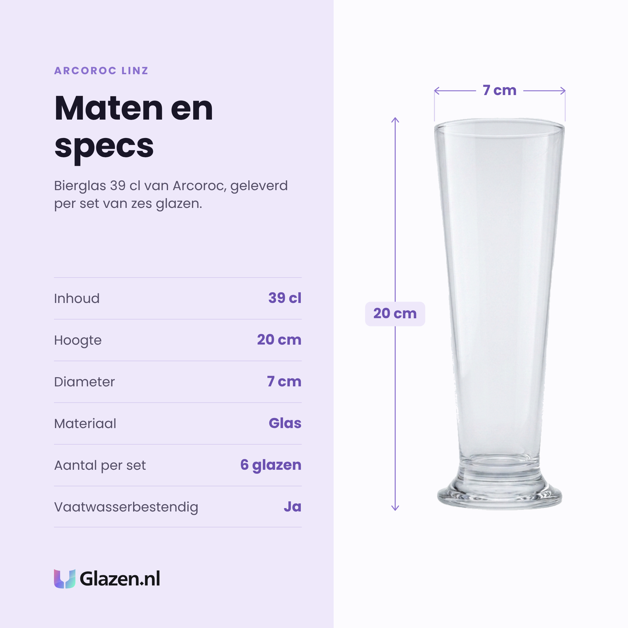 Arcoroc Linz bierglas 39 cl specificaties: inhoud 39 cl, hoogte 20 cm, diameter 7 cm, glas, set van 6