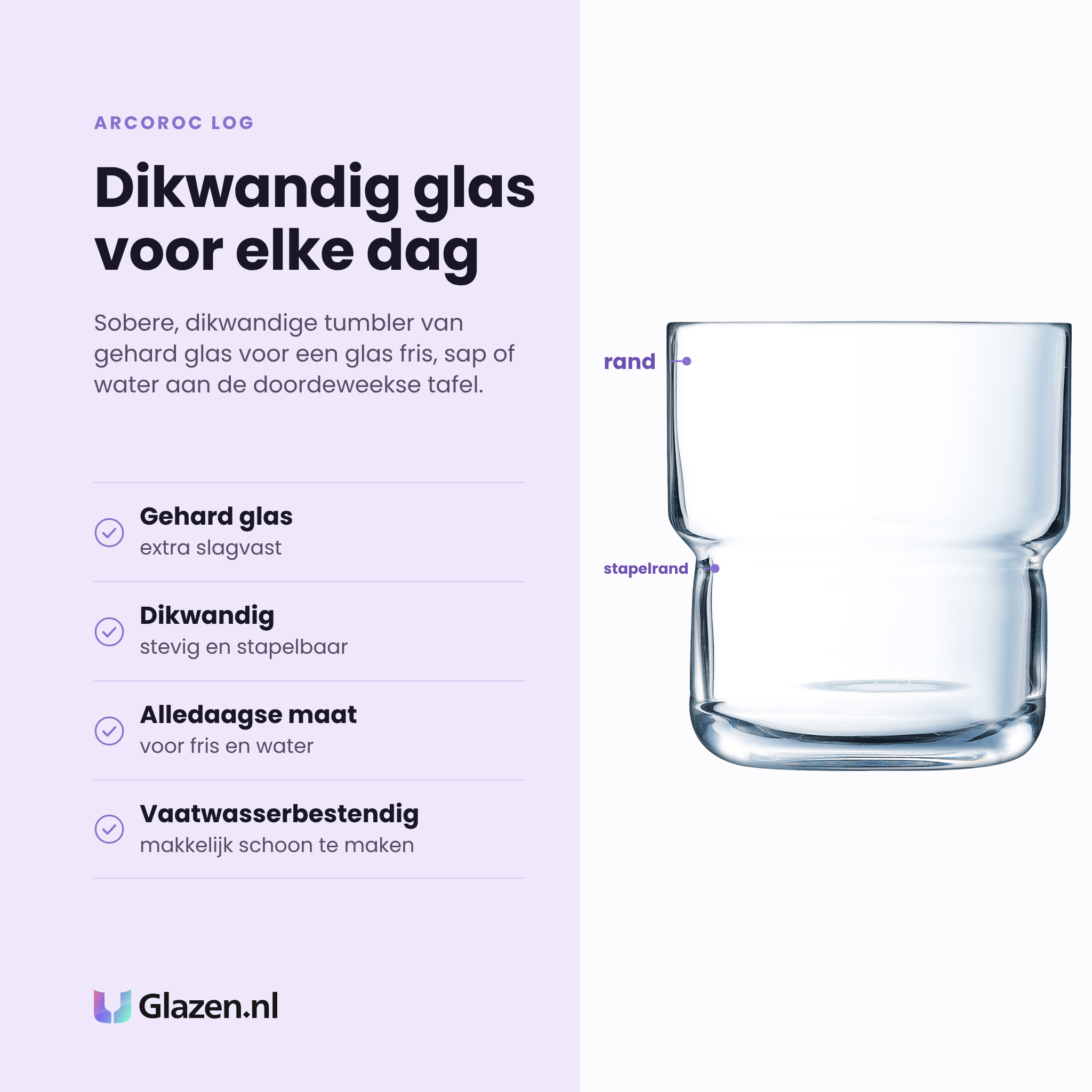 Arcoroc Log tumbler 22 cl eigenschappen: gehard glas, dikwandig en stapelbaar, alledaagse maat, vaatwasserbestendig
