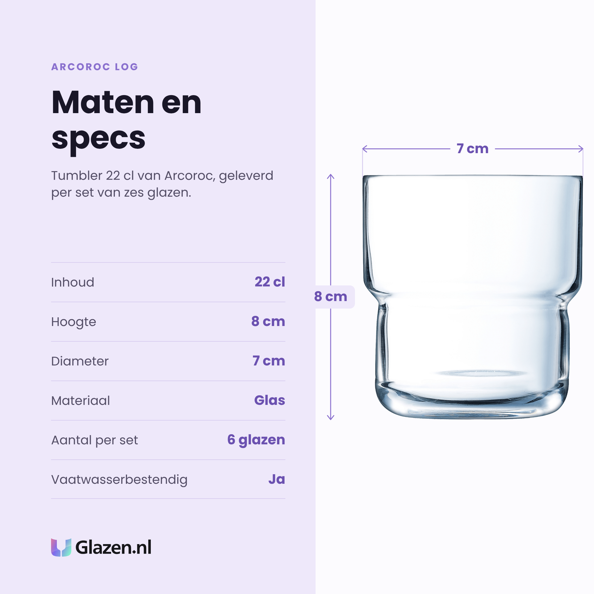 Arcoroc Log tumbler 22 cl specificaties: inhoud 22 cl, hoogte 8 cm, diameter 7 cm, glas, set van 6