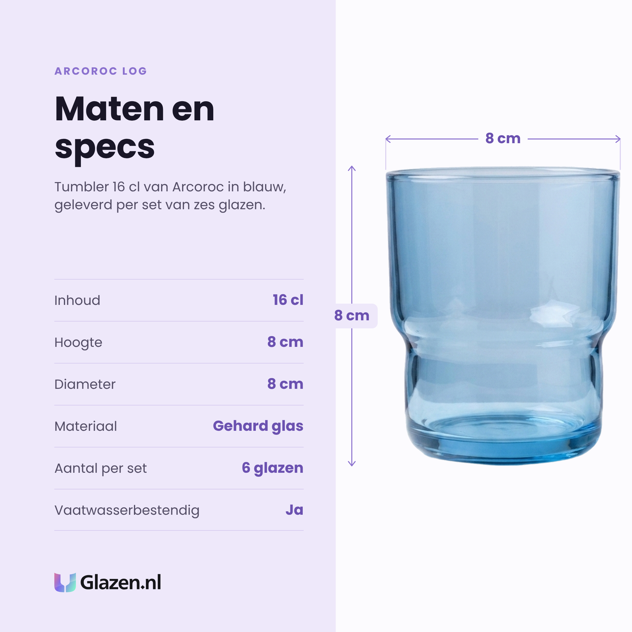 Arcoroc Log tumbler 16 cl blauw specificaties: inhoud 16 cl, hoogte 8 cm, diameter 8 cm, gehard glas, set van 6