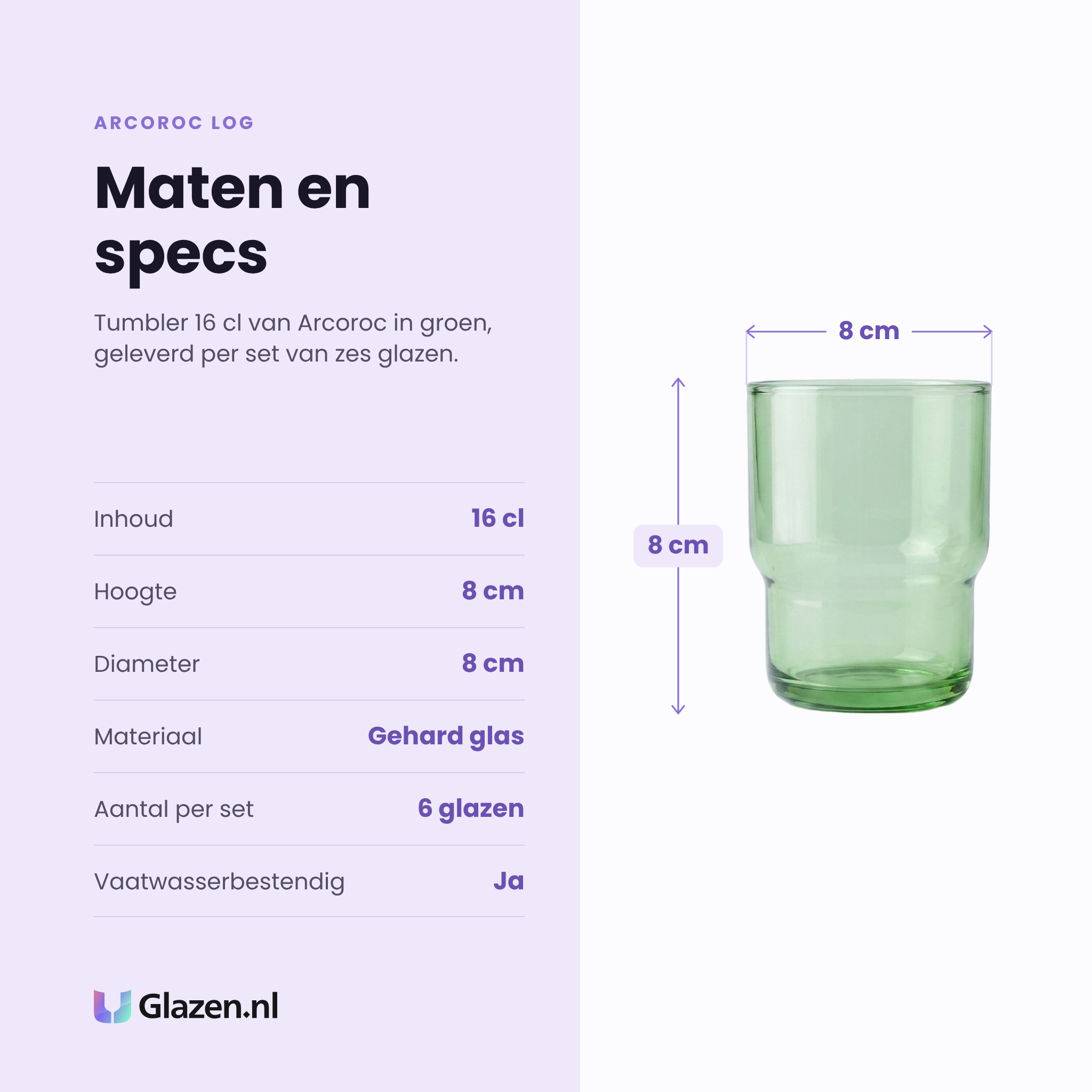 Arcoroc Log tumbler 16 cl groen specificaties: inhoud 16 cl, hoogte 8 cm, diameter 8 cm, gehard glas, set van 6