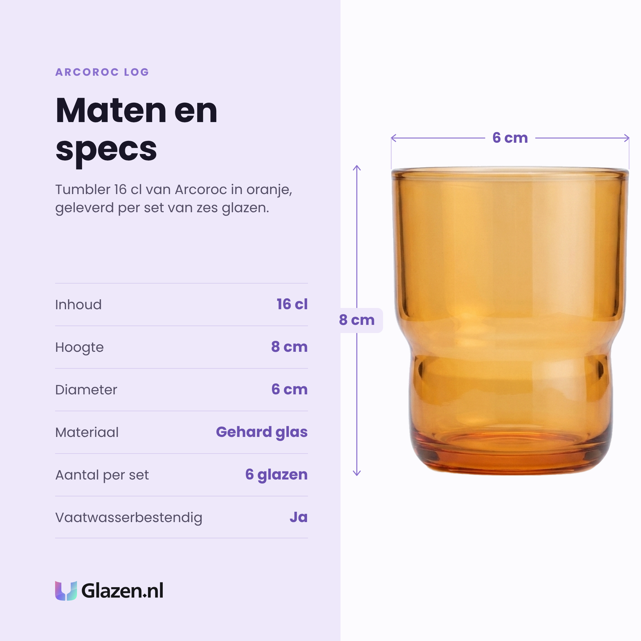 Arcoroc Log tumbler 16 cl oranje specificaties: inhoud 16 cl, hoogte 8 cm, diameter 6 cm, gehard glas, set van 6